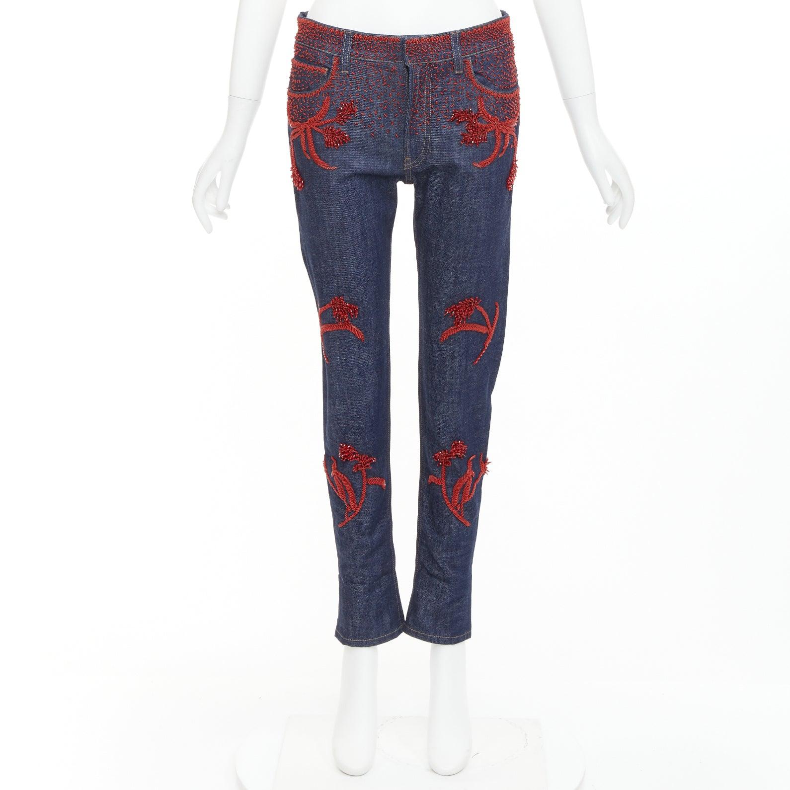 PRADA 2017 Runway rot Perlen florale Verzierung gerade Bein abgeschnitten Jeans 25