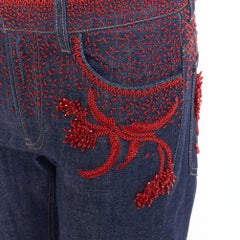 PRADA 2017 Runway red beaded floral embellishment straight leg cropped jeans 25"