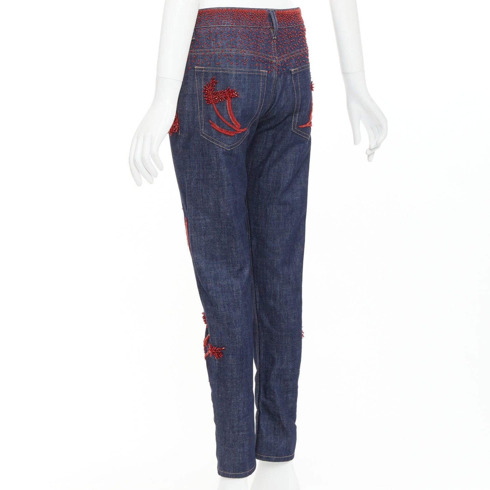 PRADA 2017 Runway rot Perlen florale Verzierung gerade Bein abgeschnitten Jeans 25