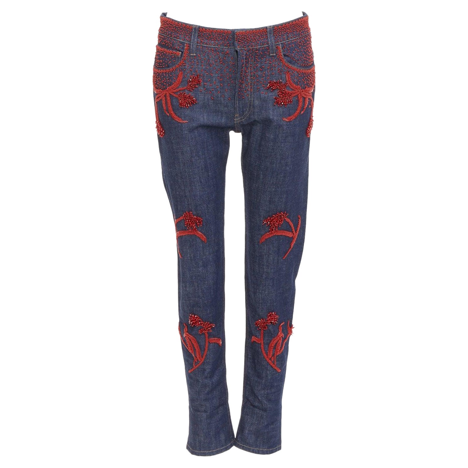 PRADA 2017 Runway rot Perlen florale Verzierung gerade Bein abgeschnitten Jeans 25" im Angebot