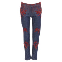 PRADA 2017 Runway red beaded floral embellishment straight leg cropped jeans 25"
