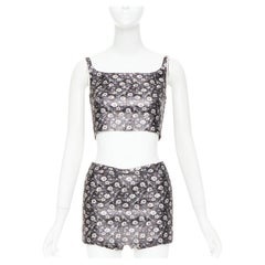 PRADA 2017 silver metallic brocade square neck crop top high waist short IT36