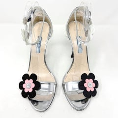 Prada 2017 Silver Patent Leather Floral 3D Flower Sandals