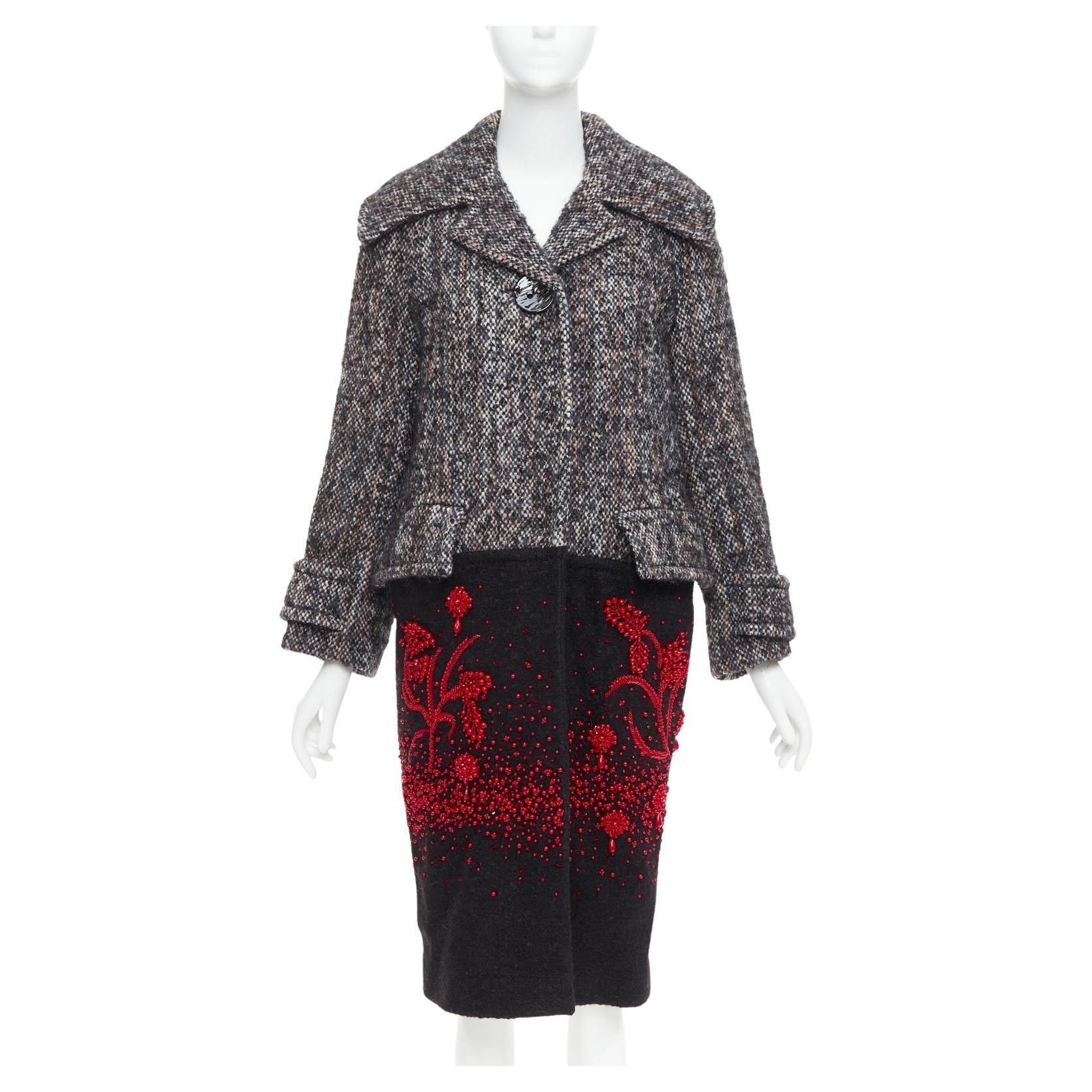 PRADA 2017 speckled wool tweed red bead embellishment hem long coat IT38 XS