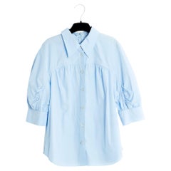 Prada 2017 Top Coton Bleu Pastel FR40 Baby Blue Poplin Ascot Shirt UK12 US10