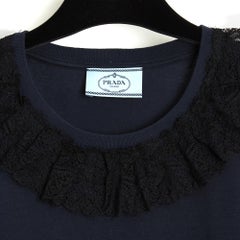 Prada 2017 Top dentelle FR40 Navy Jersey Lace collar T shirt Top UK12 US10