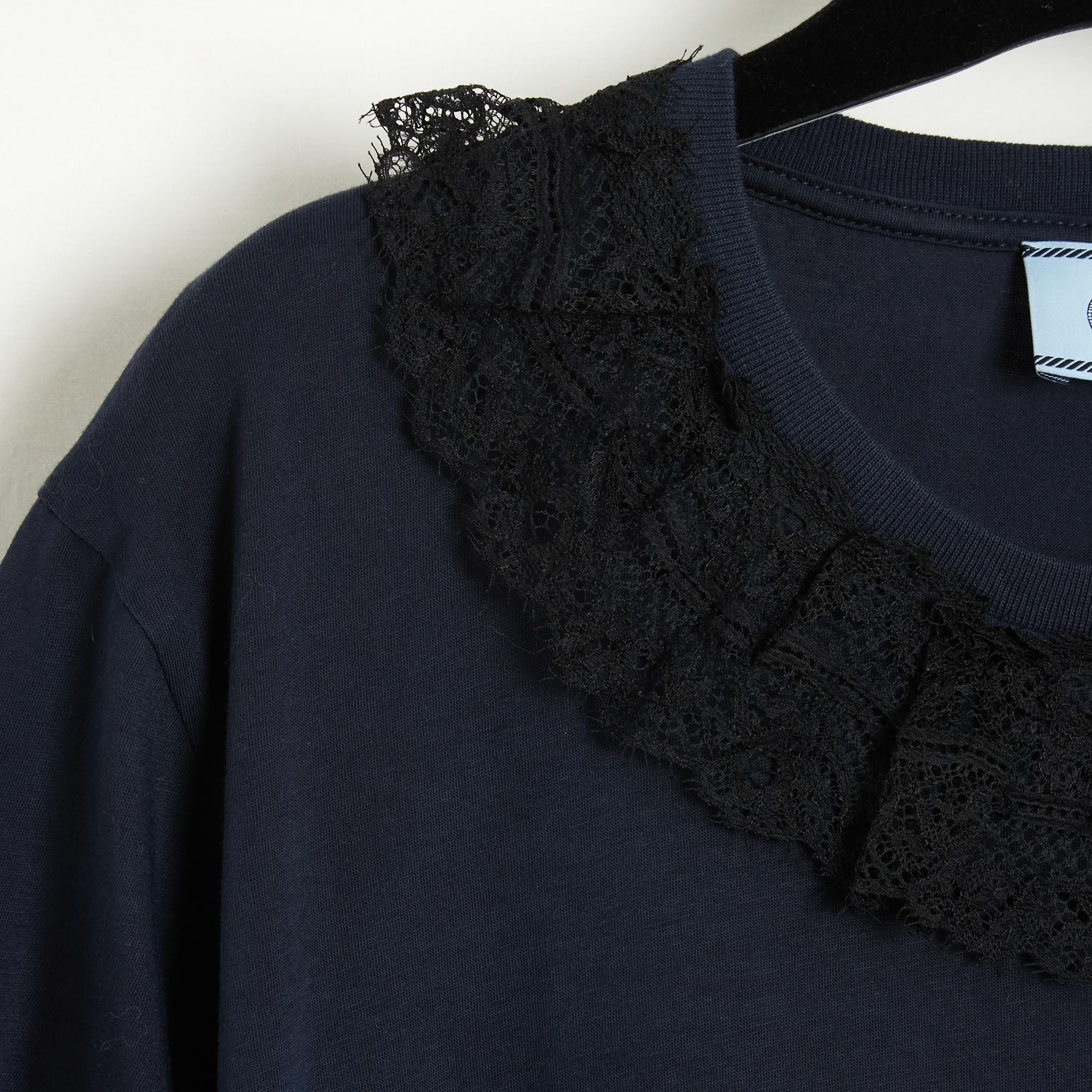 Black Prada 2017 Top dentelle FR40 Navy Jersey Lace collar T shirt Top UK12 US10 For Sale