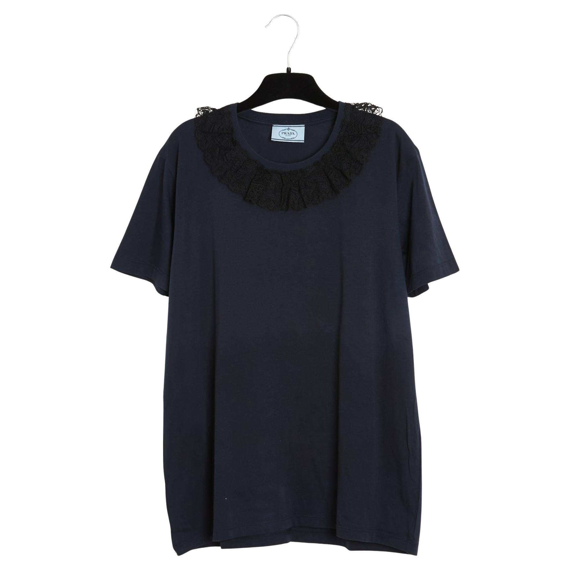 Prada 2017 Top dentelle FR40 Navy Jersey Lace collar T shirt Top UK12 US10 For Sale