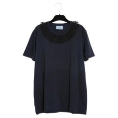 Prada 2017 Top Deckel FR40 Marineblaues Jersey Spitzenkragen-T-Shirt Top UK12 US10
