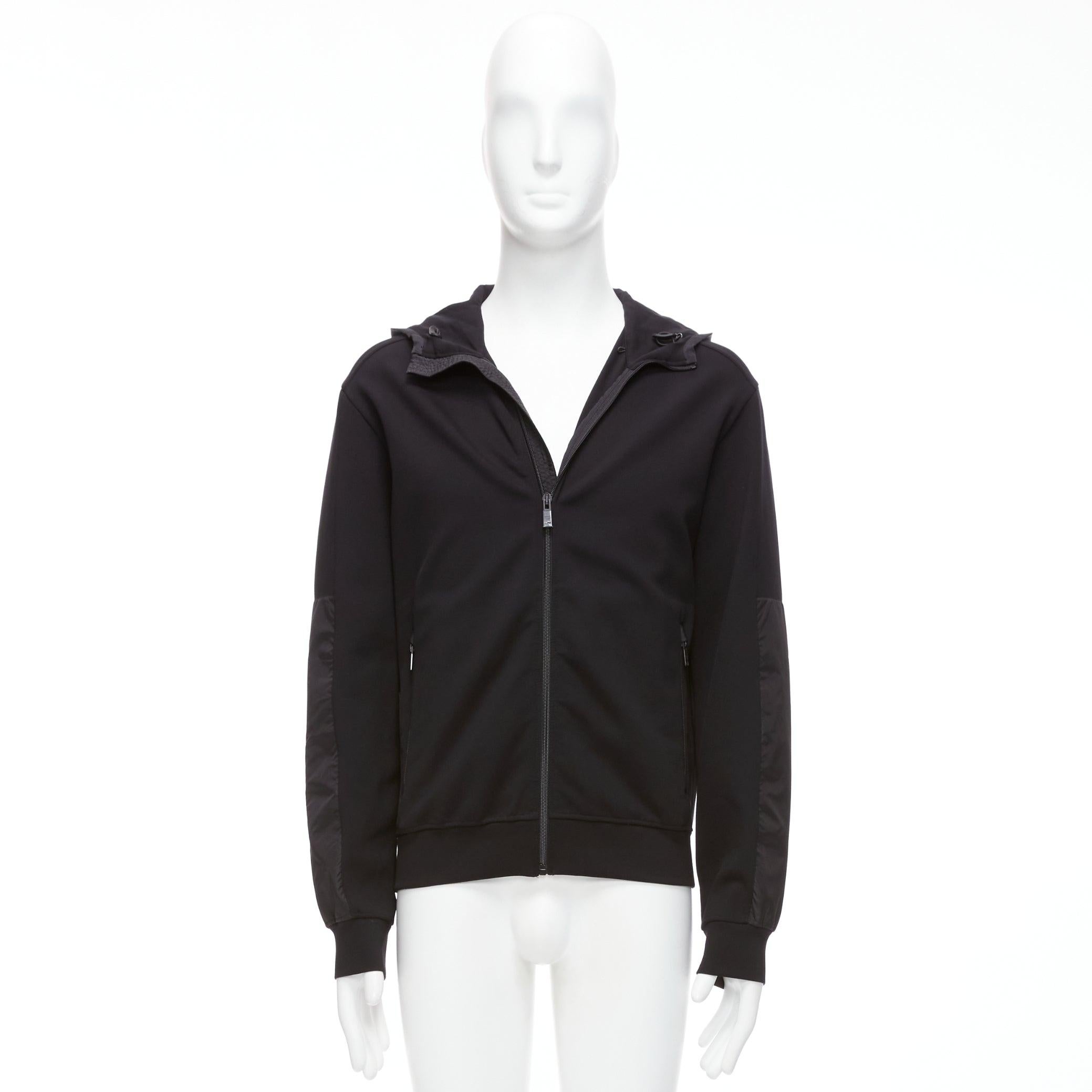 PRADA 2018 black technical jersey fabric nylon panelled sleeve hooded zip up M 5