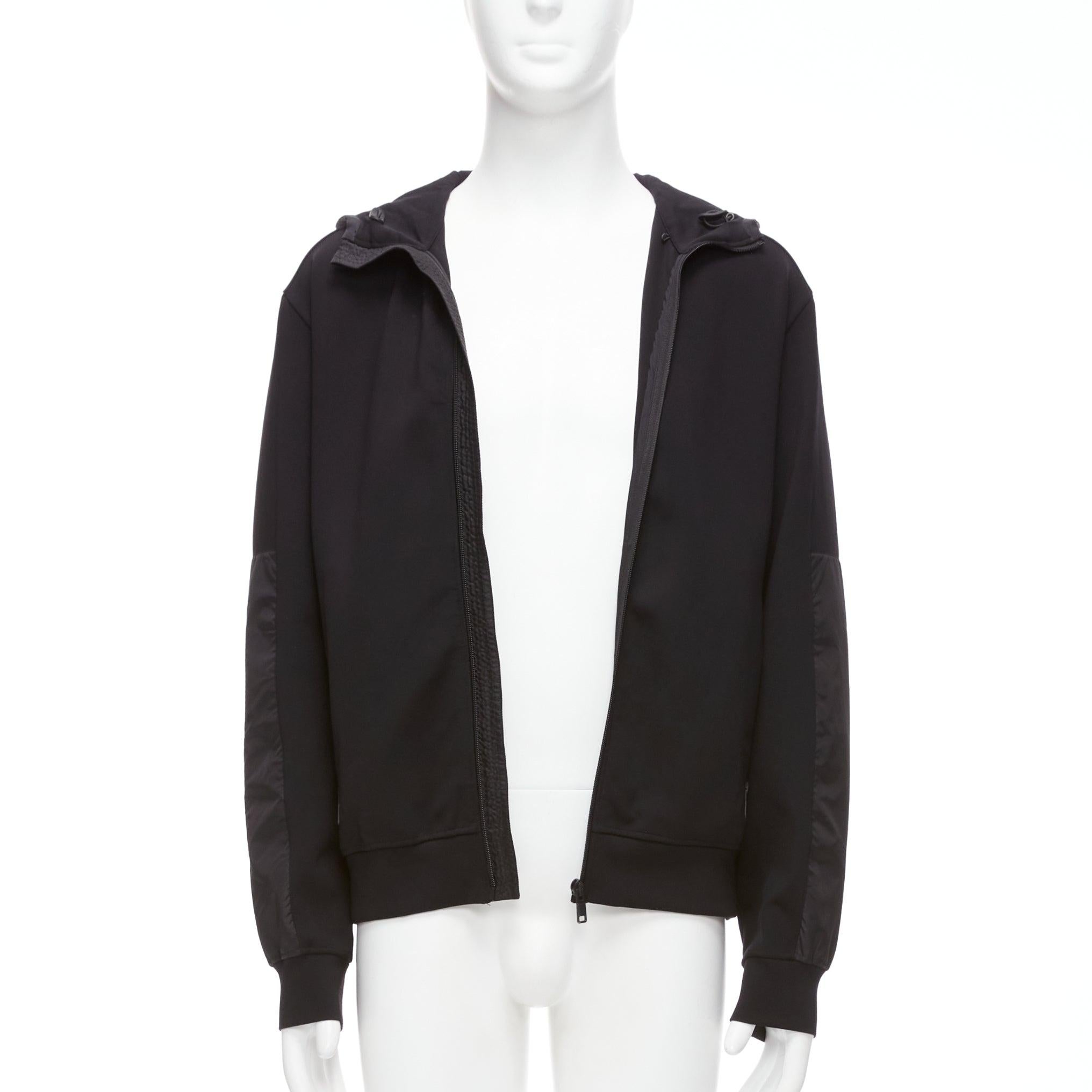 Black PRADA 2018 black technical jersey fabric nylon panelled sleeve hooded zip up M