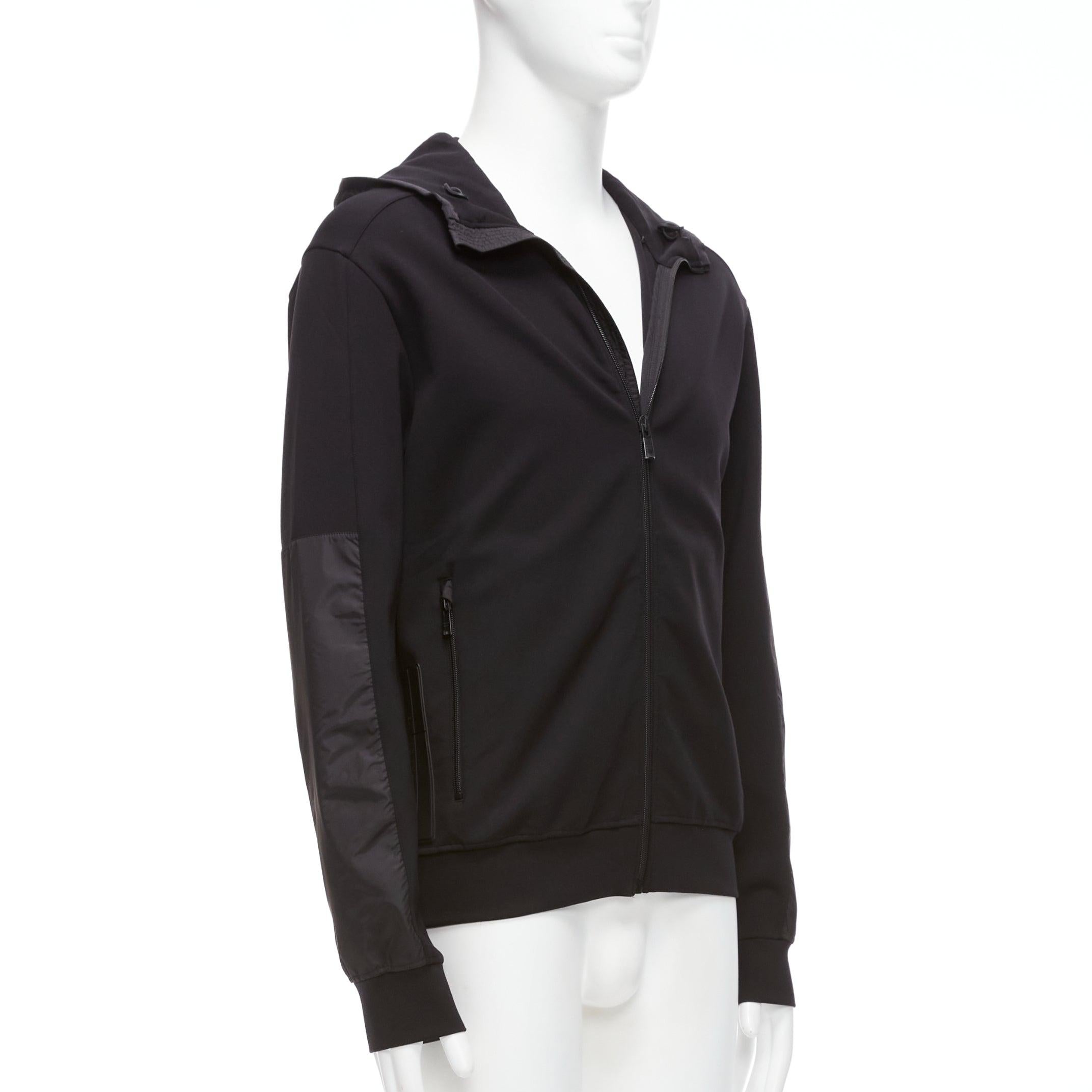 Men's PRADA 2018 black technical jersey fabric nylon panelled sleeve hooded zip up M For Sale