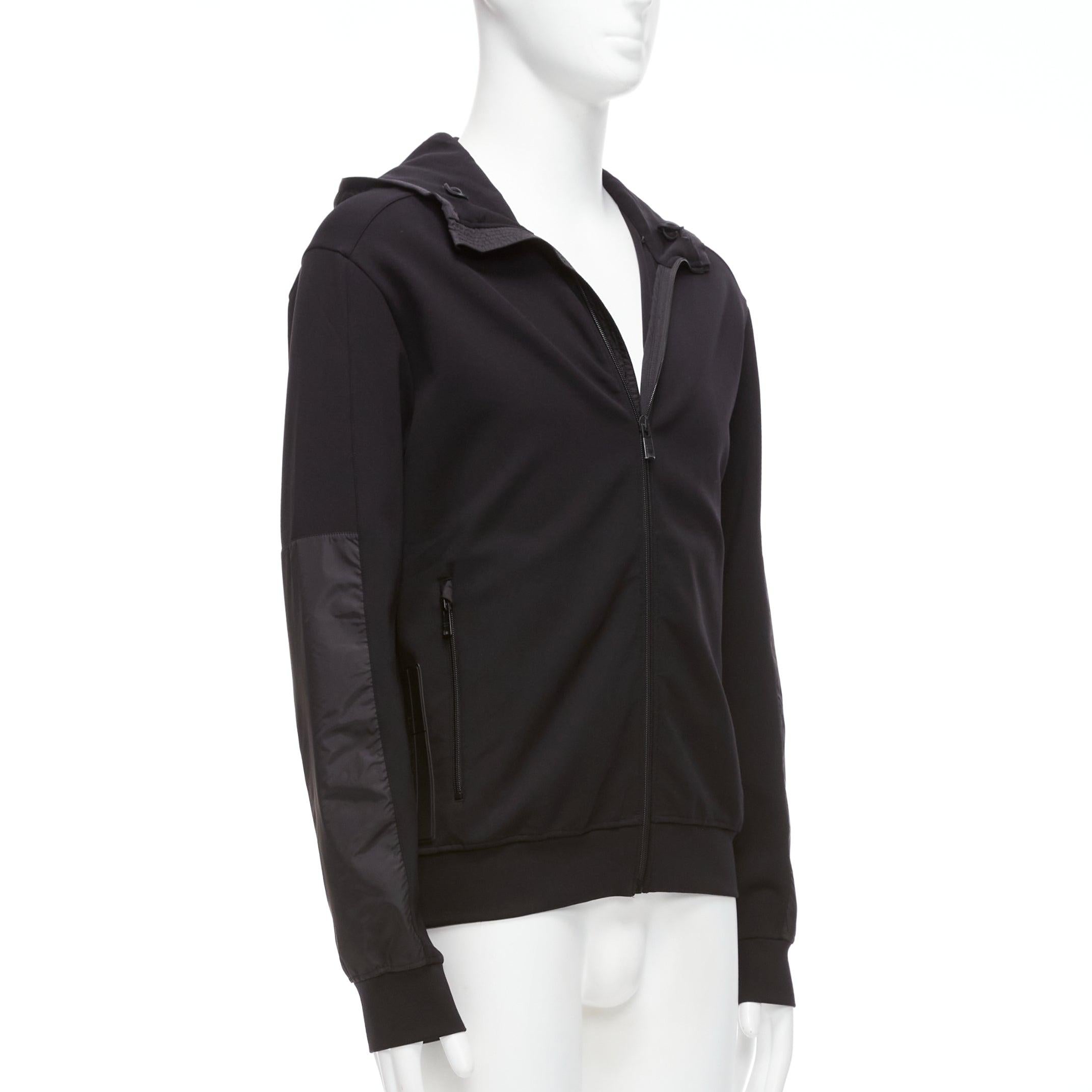 PRADA 2018 black technical jersey fabric nylon panelled sleeve hooded zip up M In Excellent Condition In Hong Kong, NT