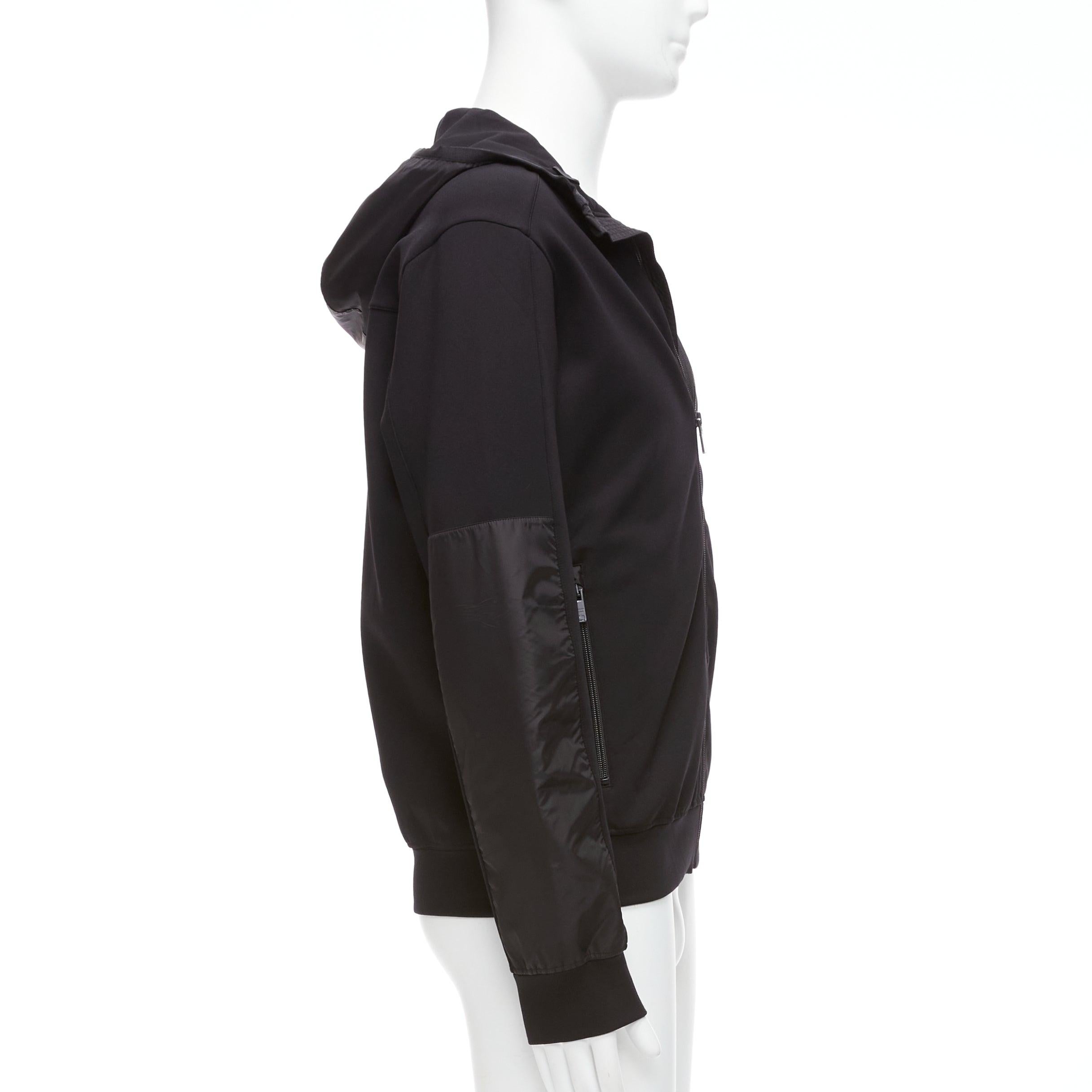 PRADA 2018 black technical jersey fabric nylon panelled sleeve hooded zip up M For Sale 1