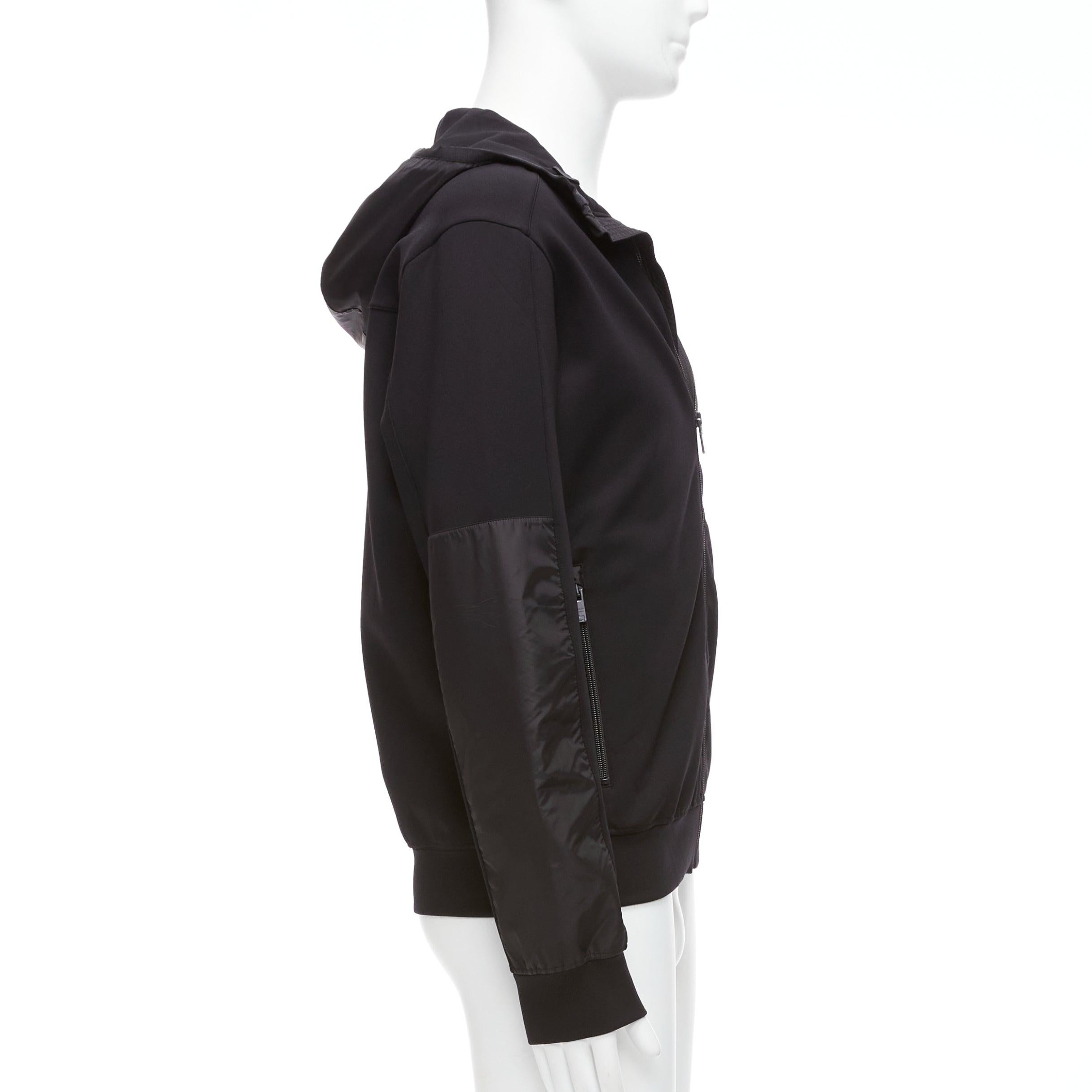 Men's PRADA 2018 black technical jersey fabric nylon panelled sleeve hooded zip up M
