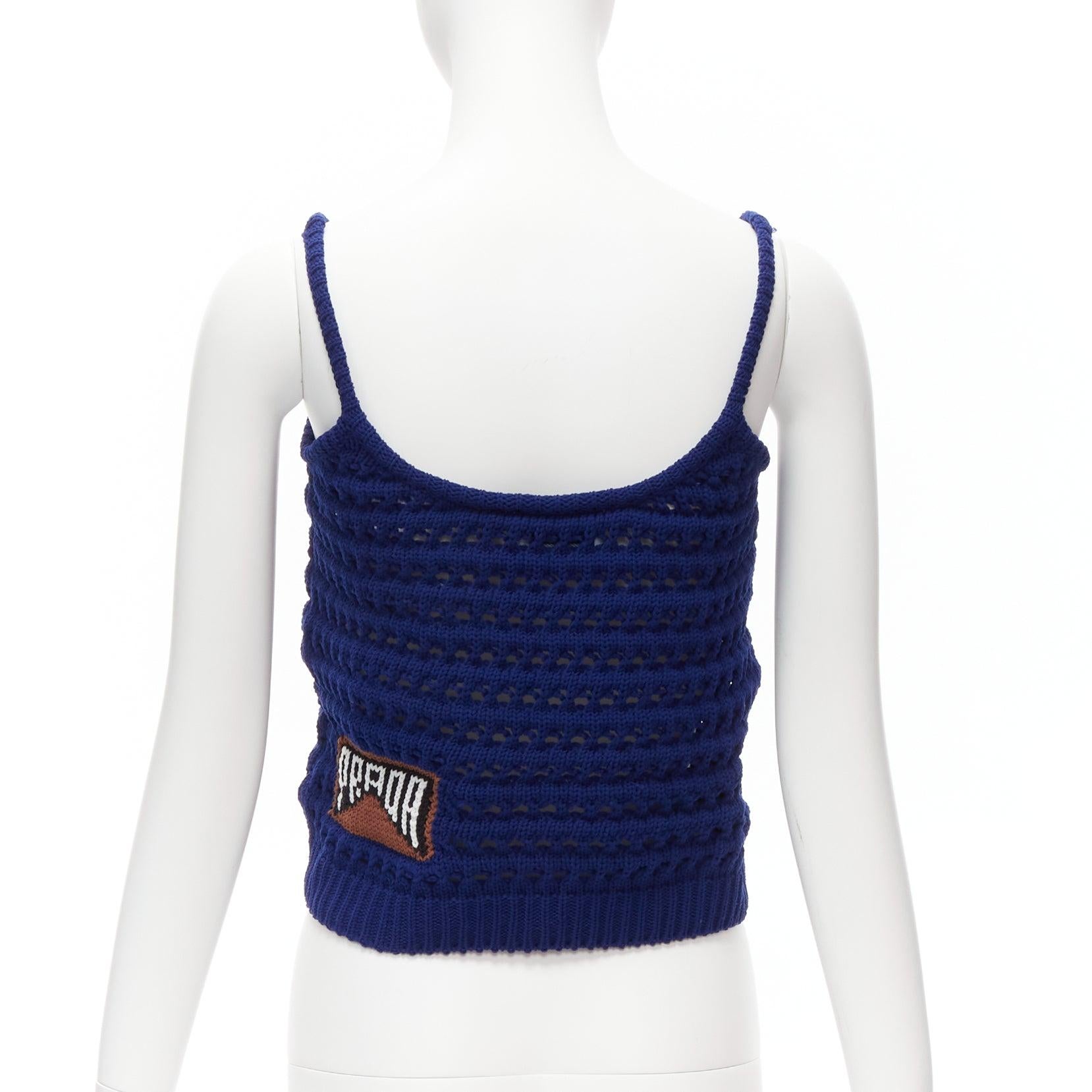 PRADA 2018 blue brown black logo crochet knit cropped tank top IT36 XXS For Sale 1