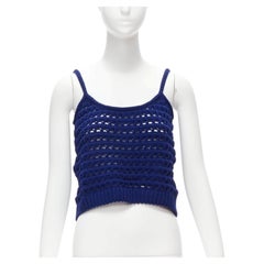 PRADA 2018 blue brown black logo crochet knit cropped tank top IT36 XXS