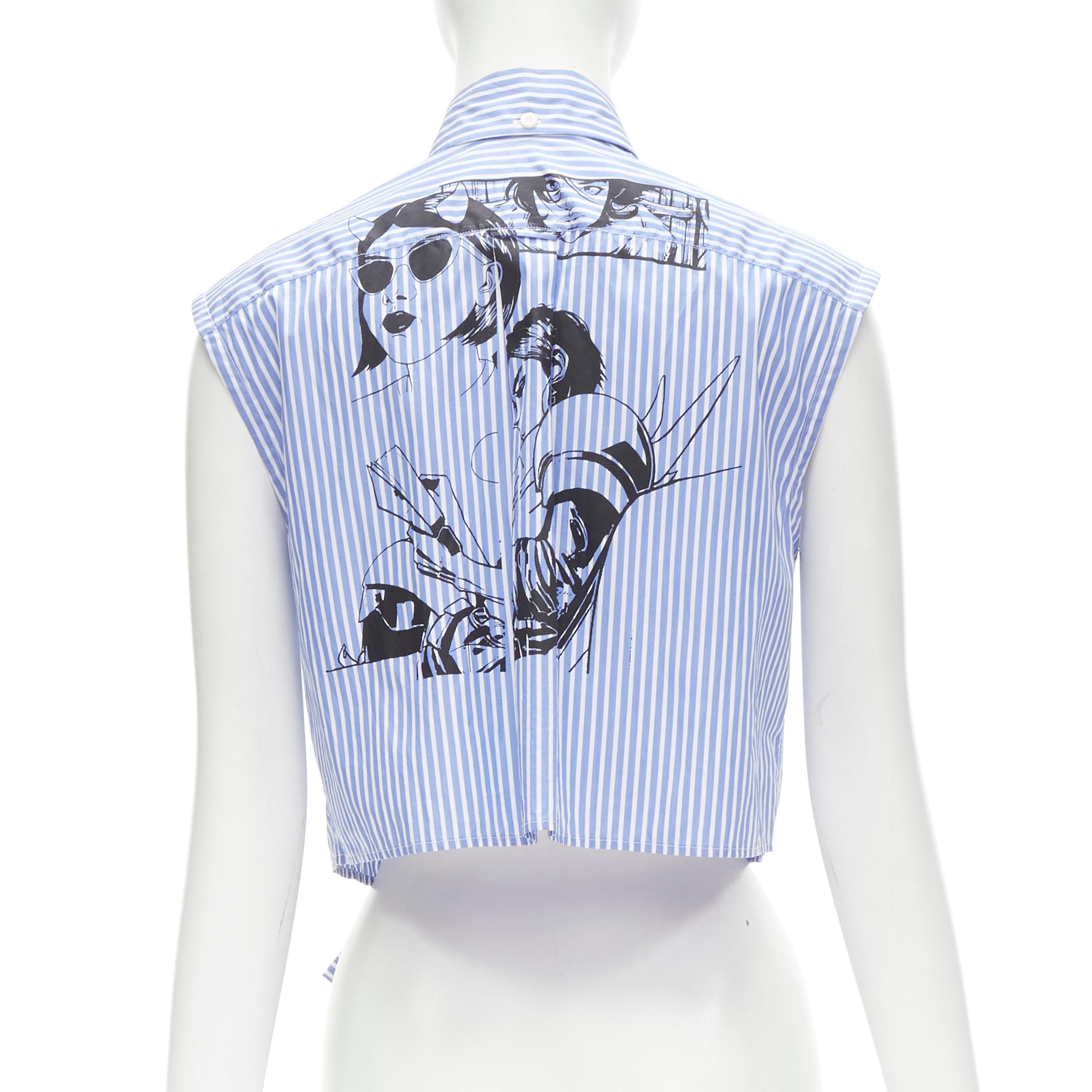 PRADA 2018 blue white striped cotton Comic print deconstructed sleeves vest S 1