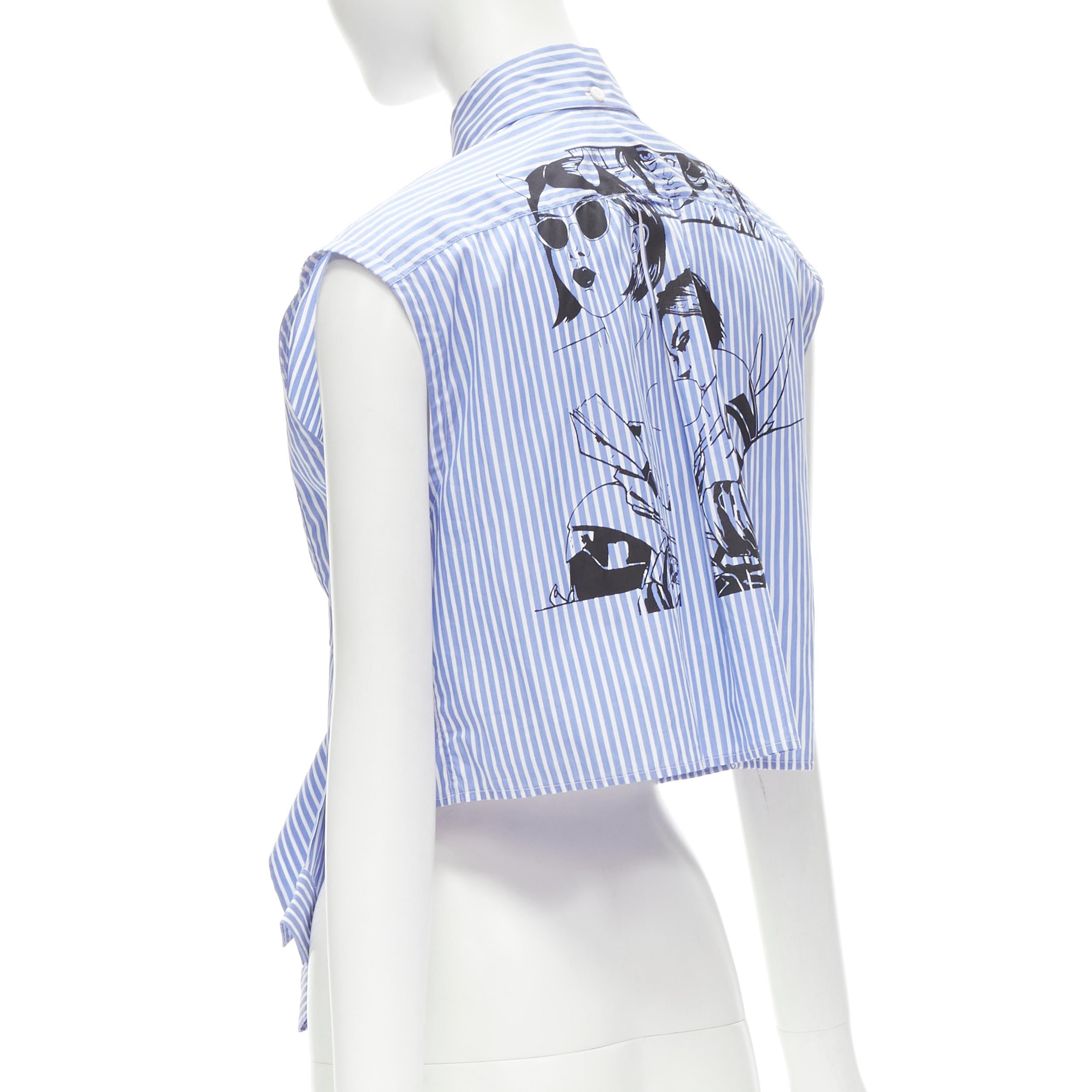 PRADA 2018 blue white striped cotton Comic print deconstructed sleeves vest S 2