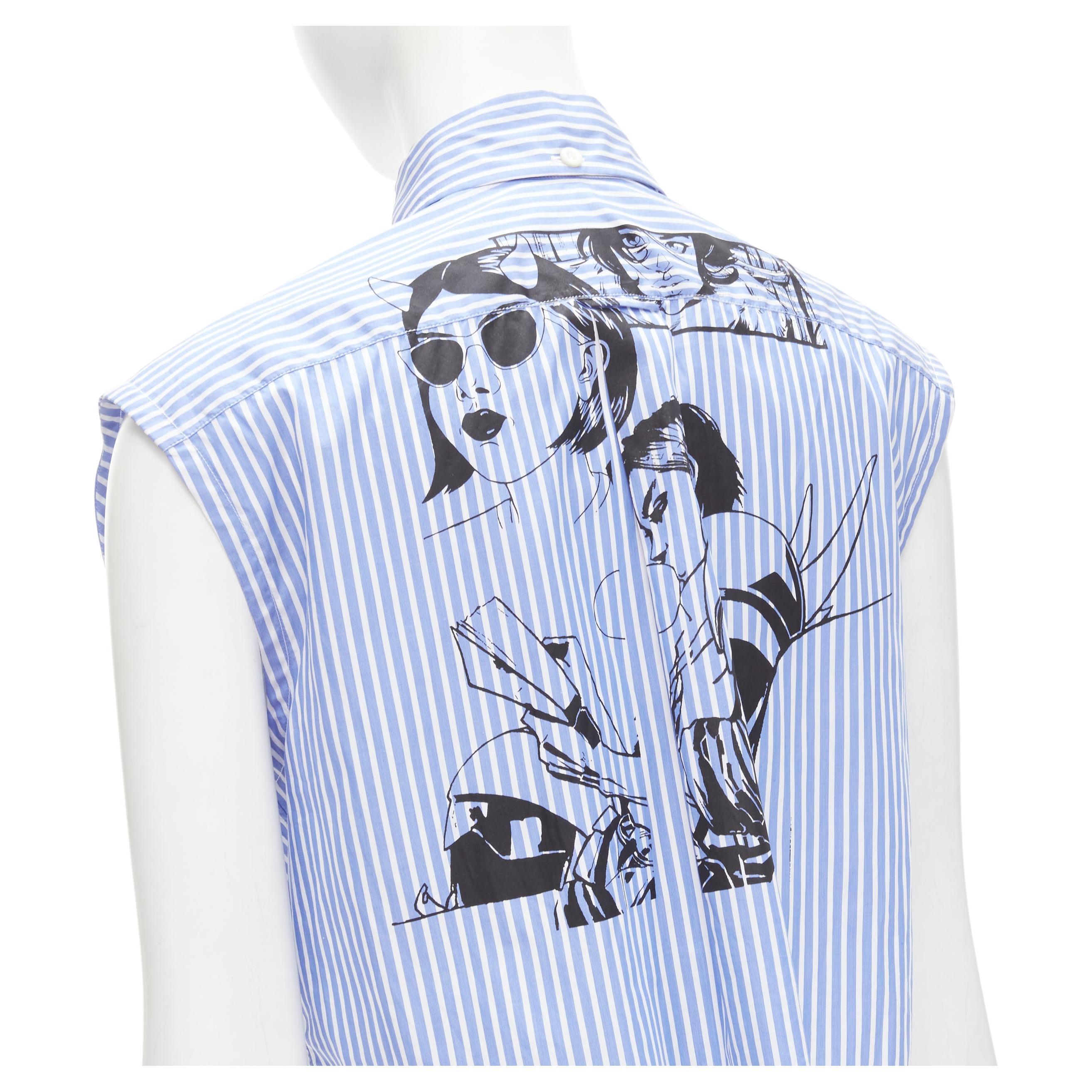 PRADA 2018 blue white striped cotton Comic print deconstructed sleeves vest S