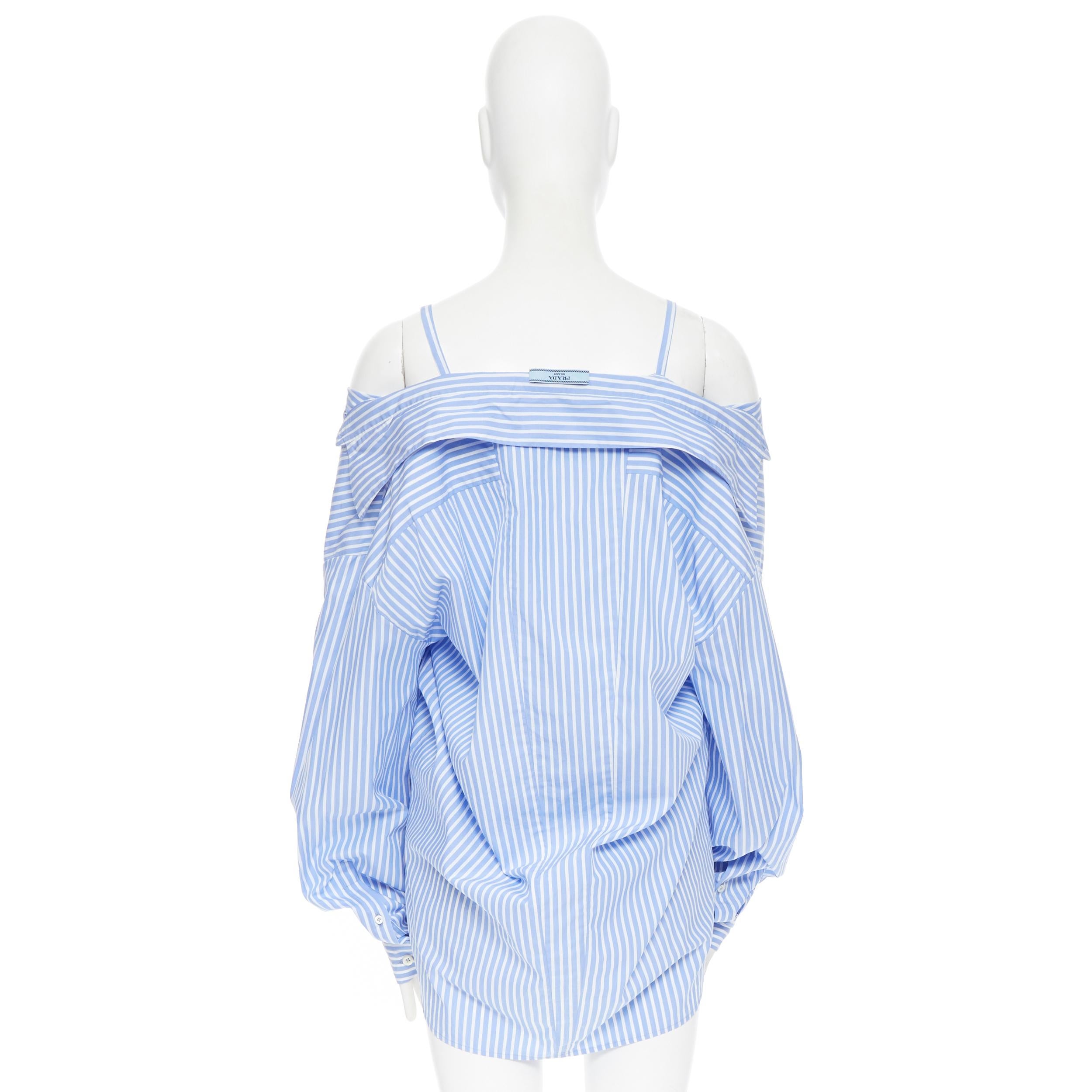 PRADA 2018 blue white striped cotton off shoulder oversized shirt 