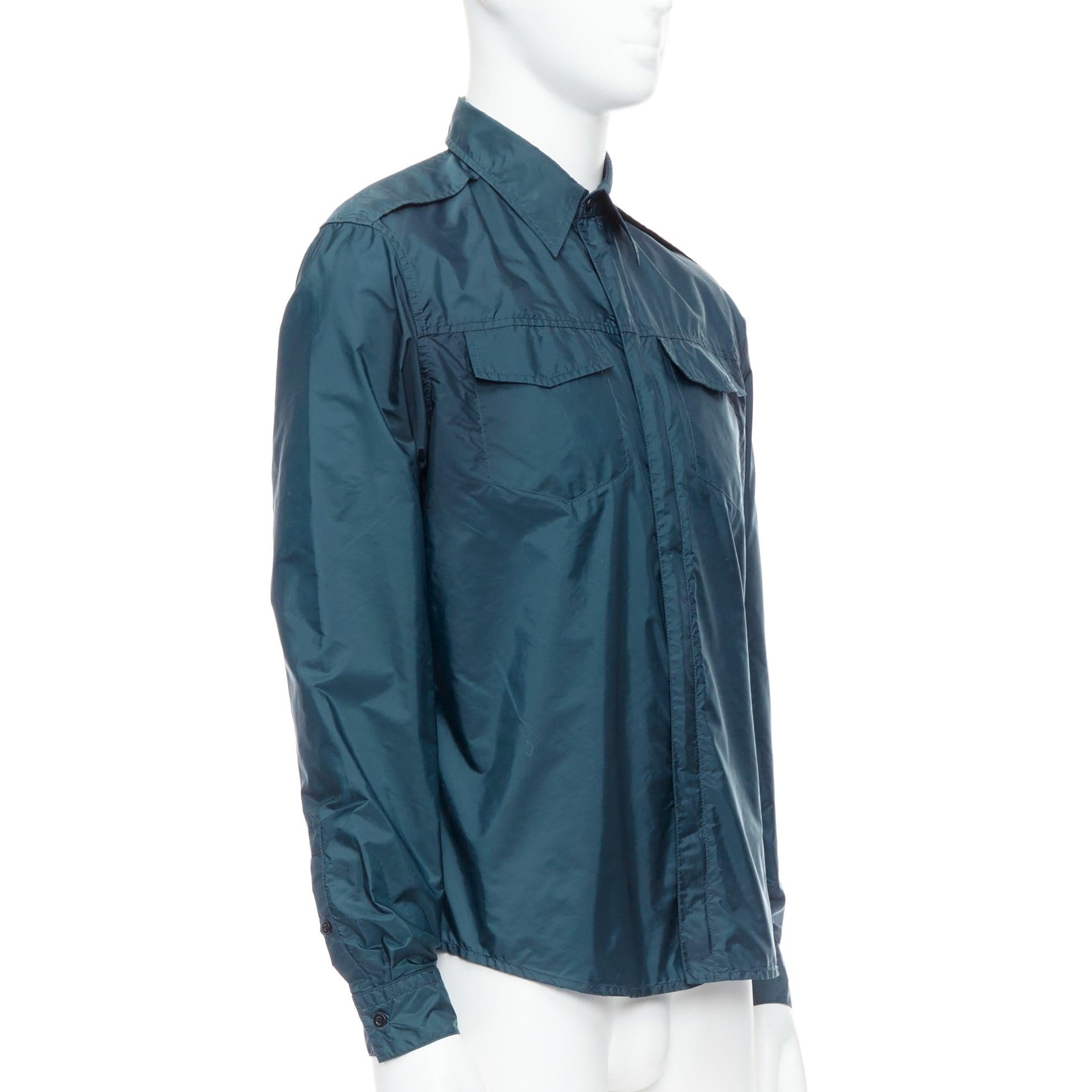 Blue PRADA 2018 dark teal blue nylon concealed silver zip over shirt S For Sale