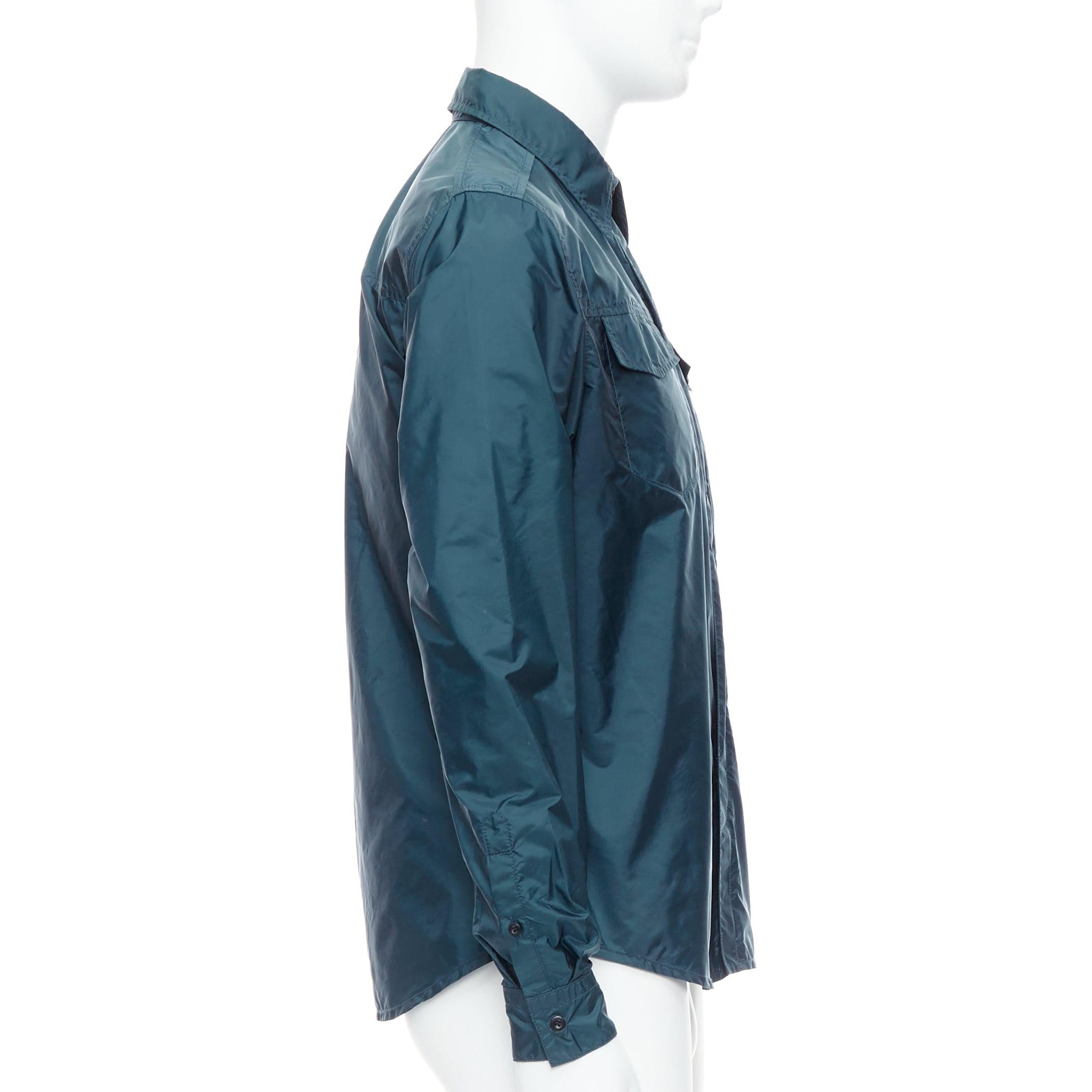 PRADA 2018 dark teal blue nylon concealed silver zip over shirt S In Excellent Condition For Sale In Hong Kong, NT