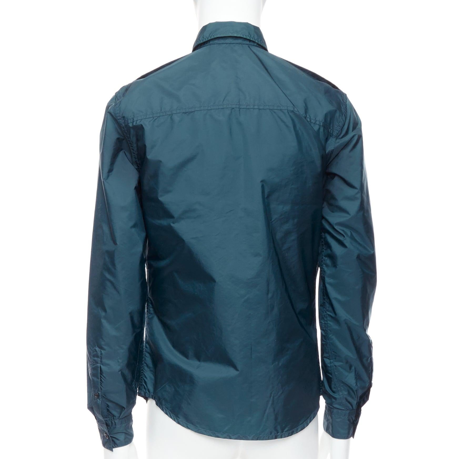 Men's PRADA 2018 dark teal blue nylon concealed silver zip over shirt S For Sale
