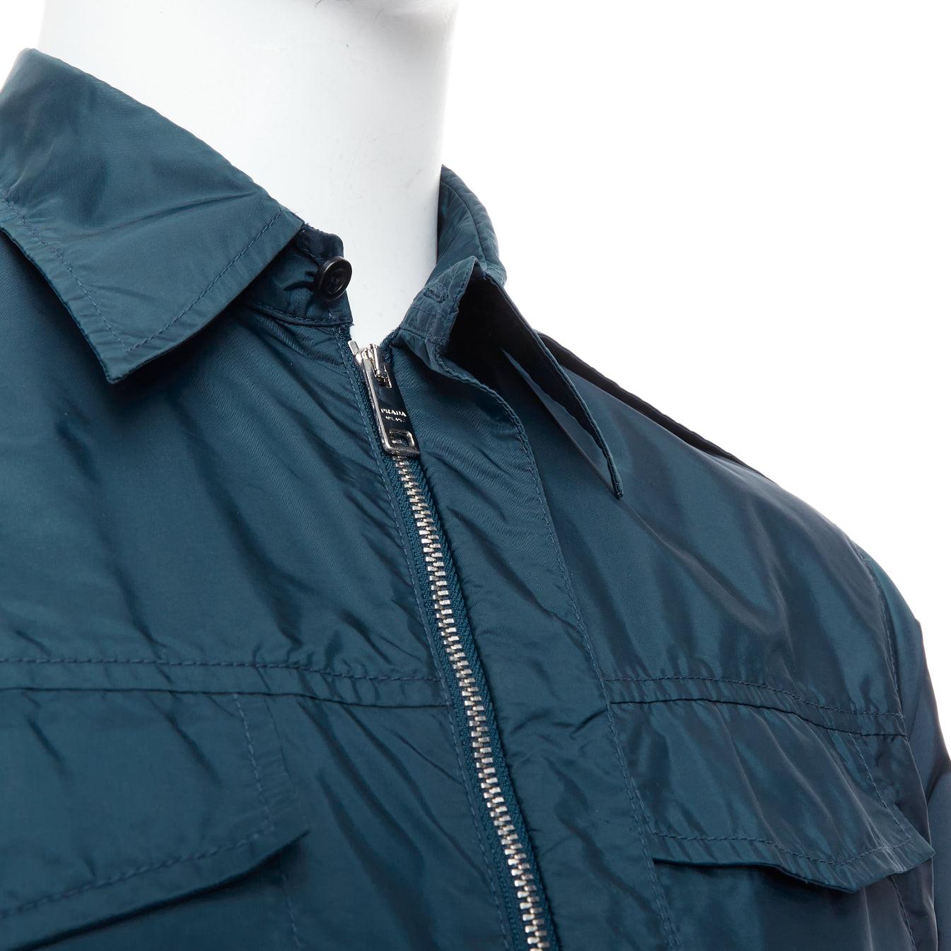 PRADA 2018 dark teal blue nylon concealed silver zip over shirt S For Sale 2