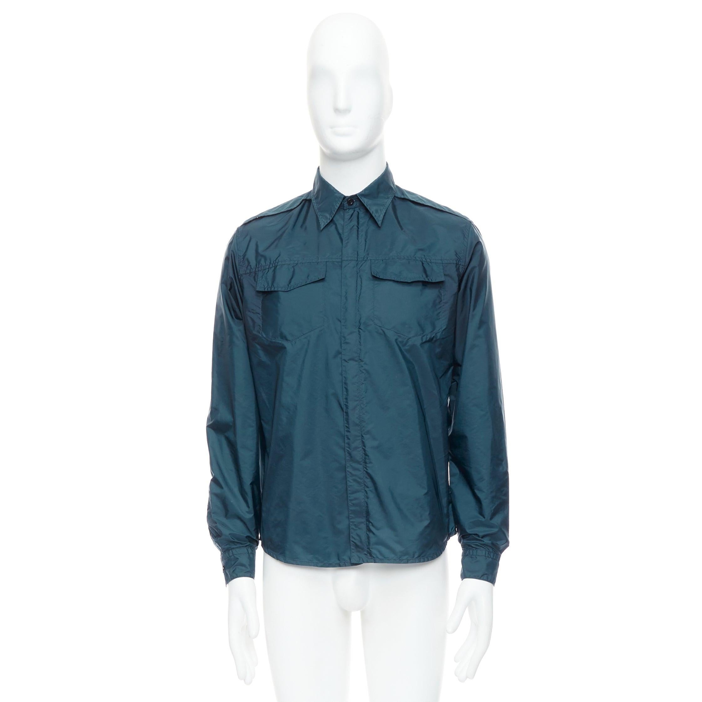 PRADA 2018 dark teal blue nylon concealed silver zip over shirt S For Sale 4