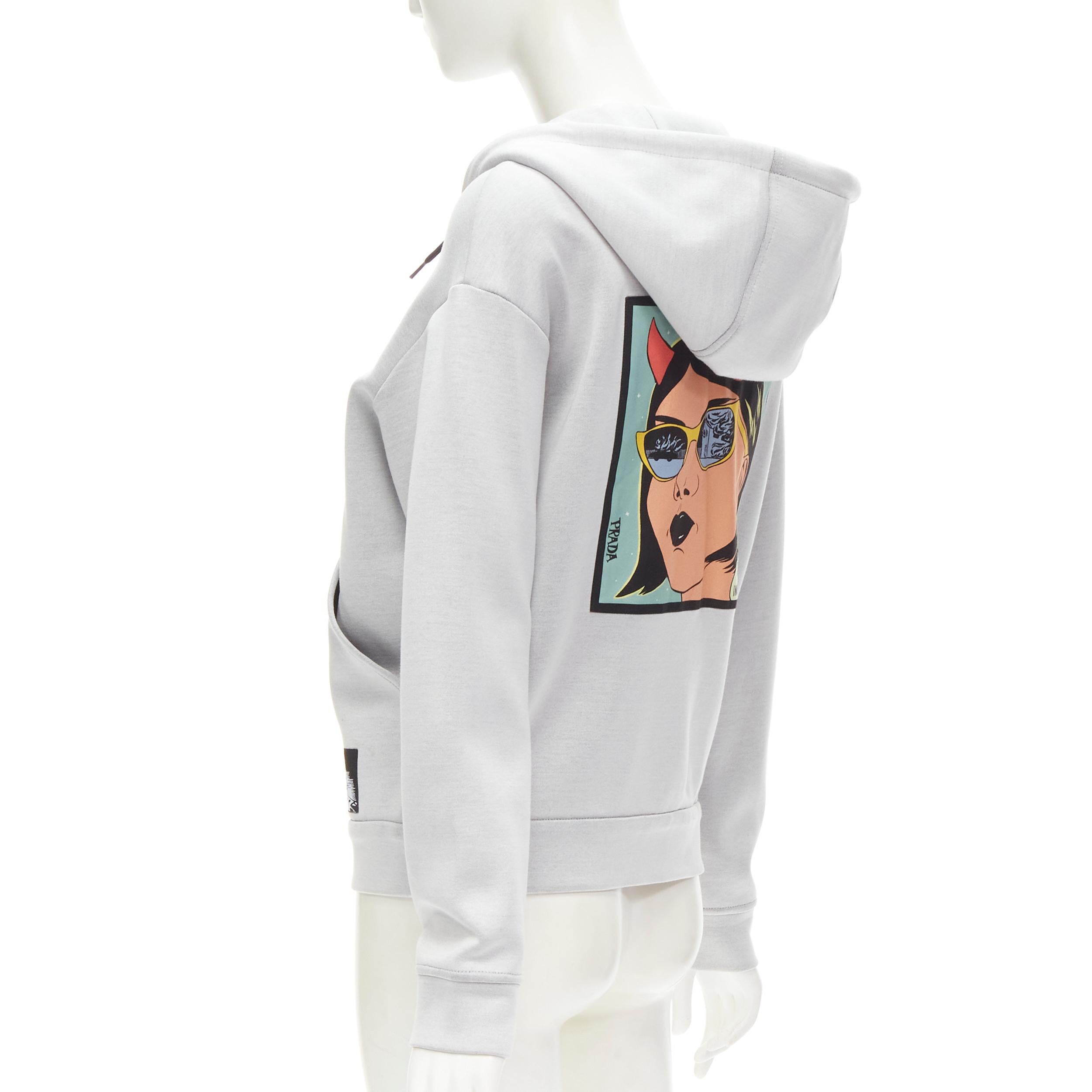 Women's PRADA 2018 Girls Invented comic print grey cotton zip up hoodie S