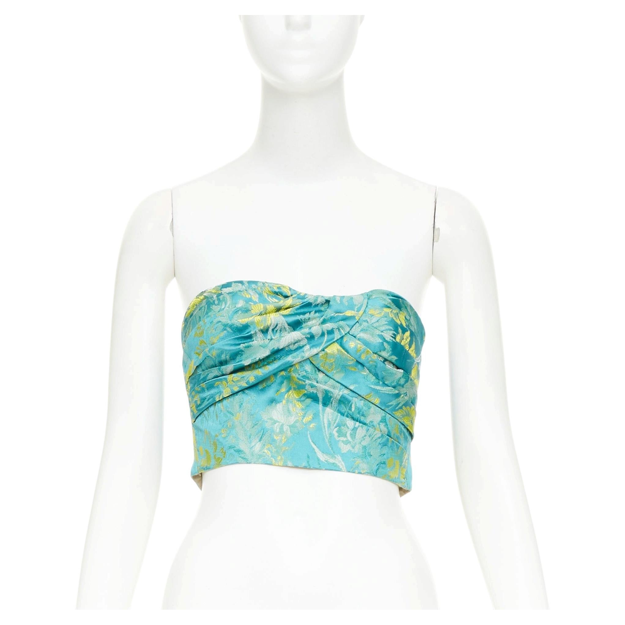 PRADA 2018: top bandeau tipo corsé con fruncidos, de jacquard floral de seda en verde y amarillo, IT38 XS