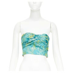 PRADA 2018 green yellow silk floral jacquard ruched corset bandeau top IT38 XS