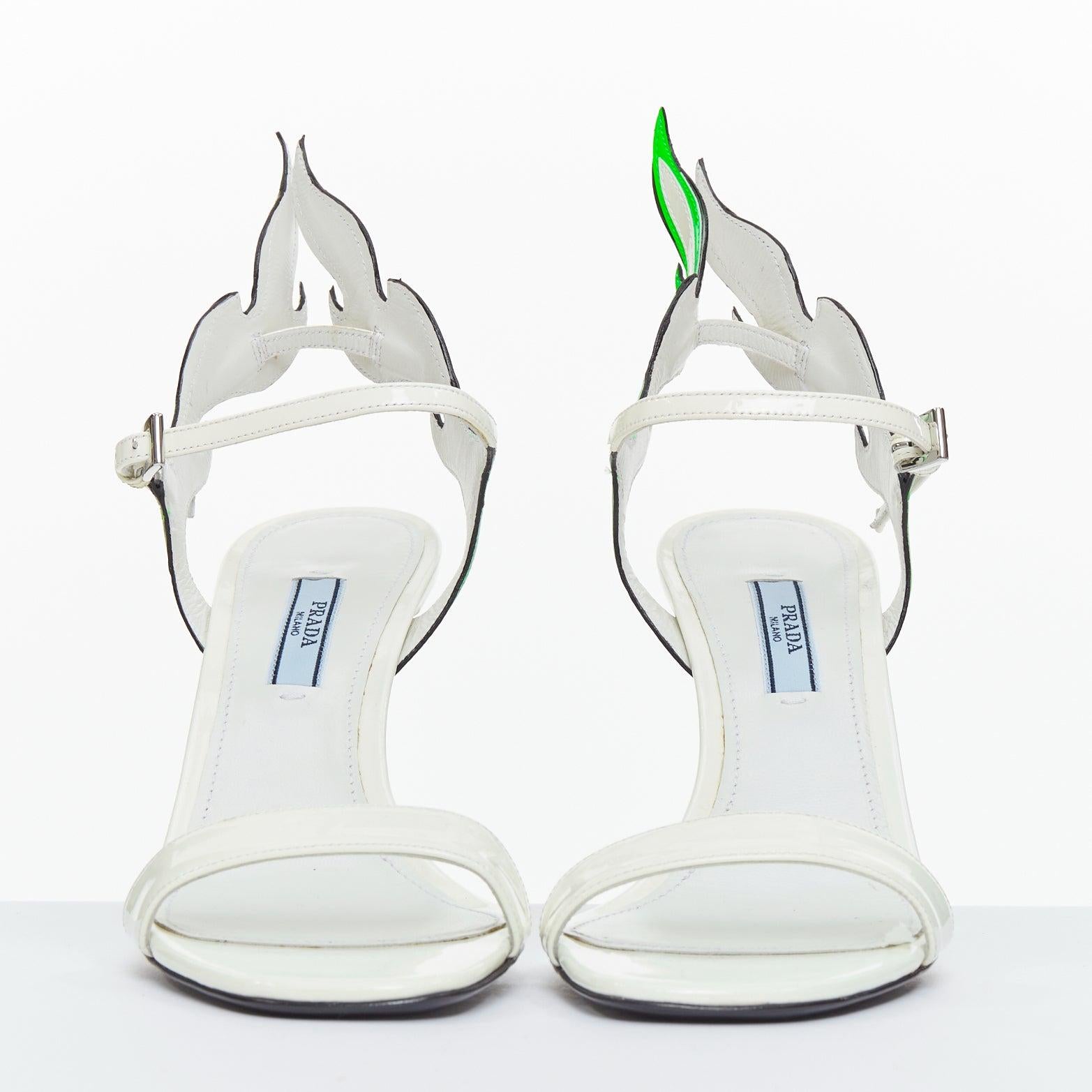 Gray PRADA 2018 Hot Flame Acid Fire white green patent leather mid heel sandal EU36 For Sale