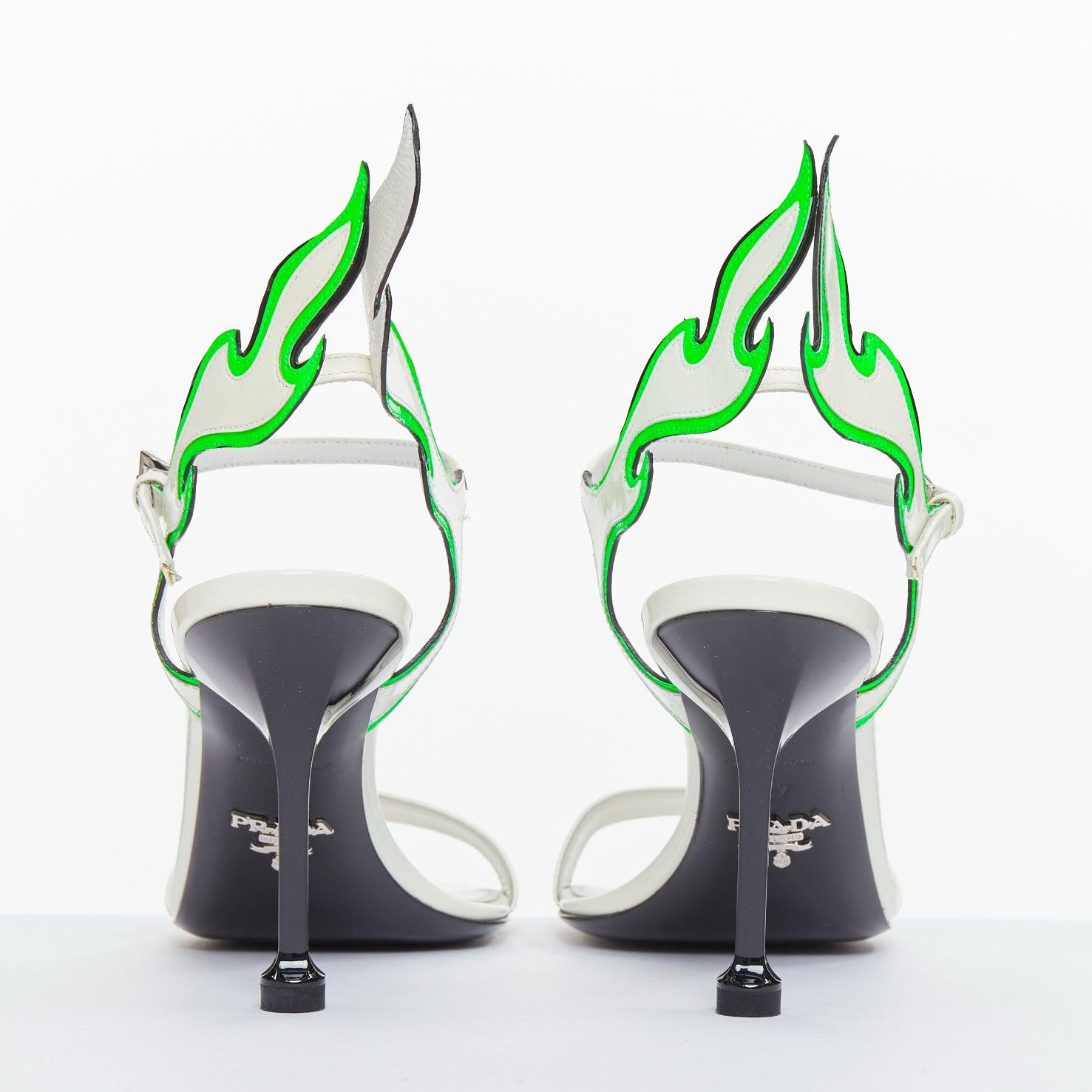 Women's PRADA 2018 Hot Flame Acid Fire white green patent leather mid heel sandal EU36 For Sale