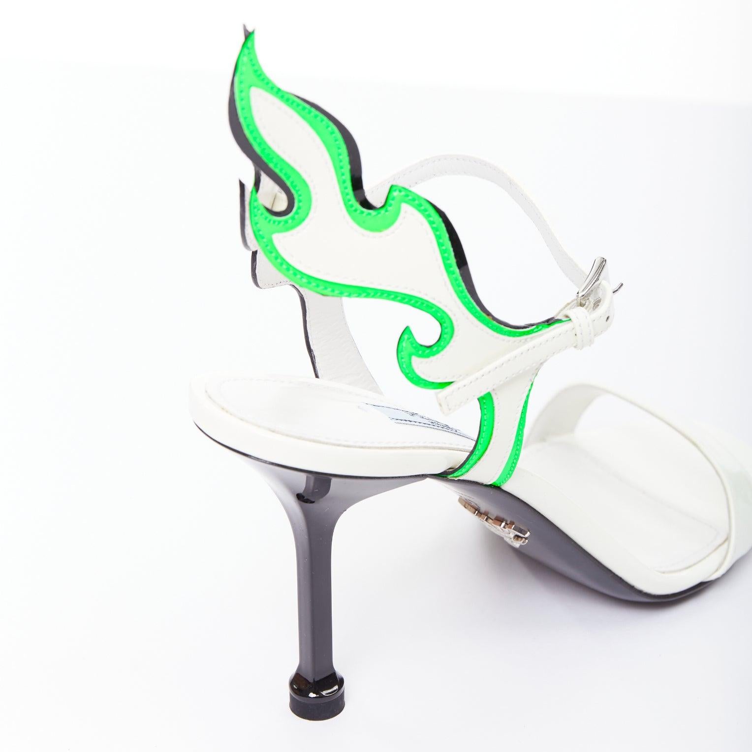 PRADA 2018 Hot Flame Acid Fire white green patent leather mid heel sandal EU36 For Sale 3