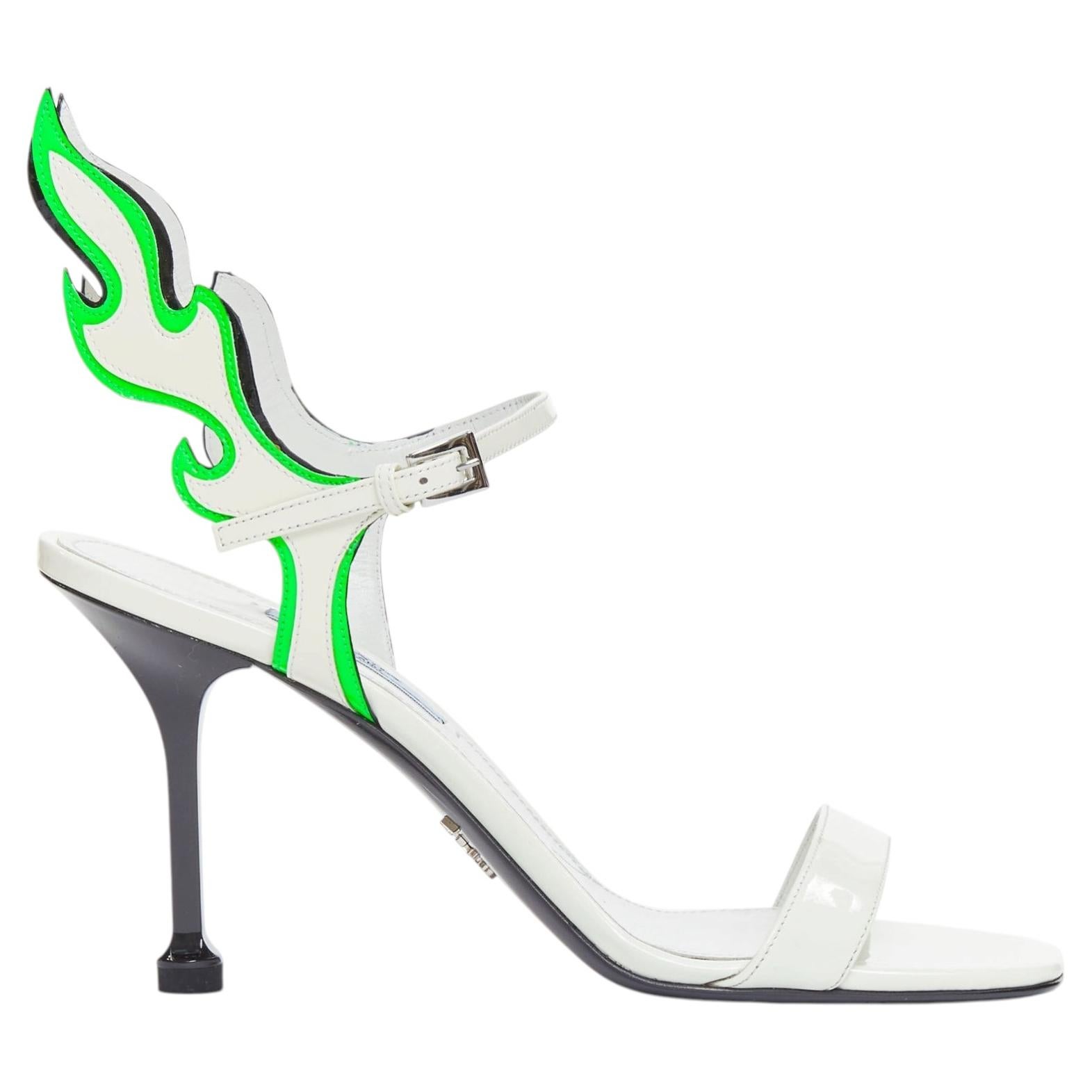 PRADA 2018 Hot Flame Acid Fire white green patent leather mid heel sandal EU37 For Sale