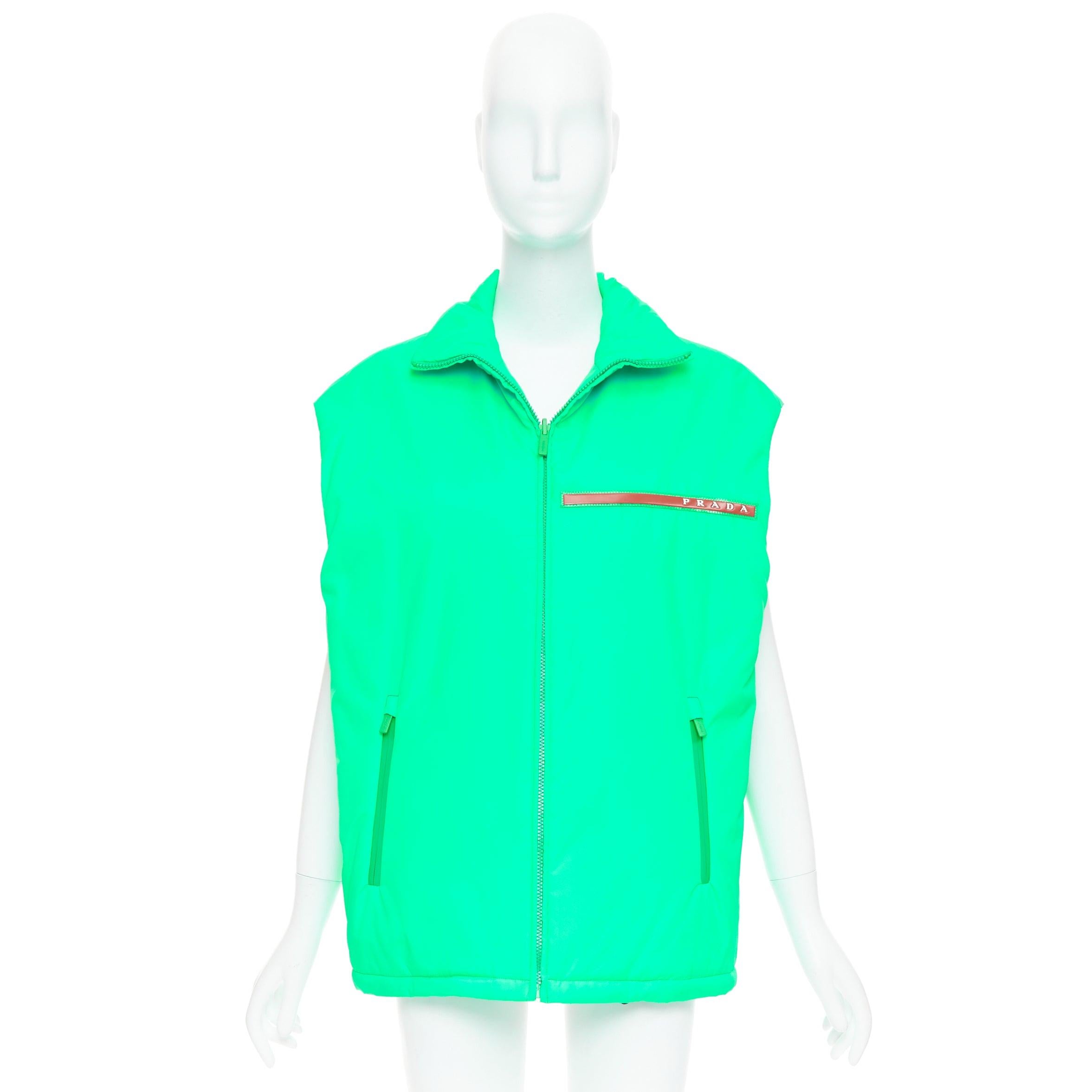 PRADA 2018 Linea Rossa Primaloft neon green nylon red logo puffer vest S For Sale 5
