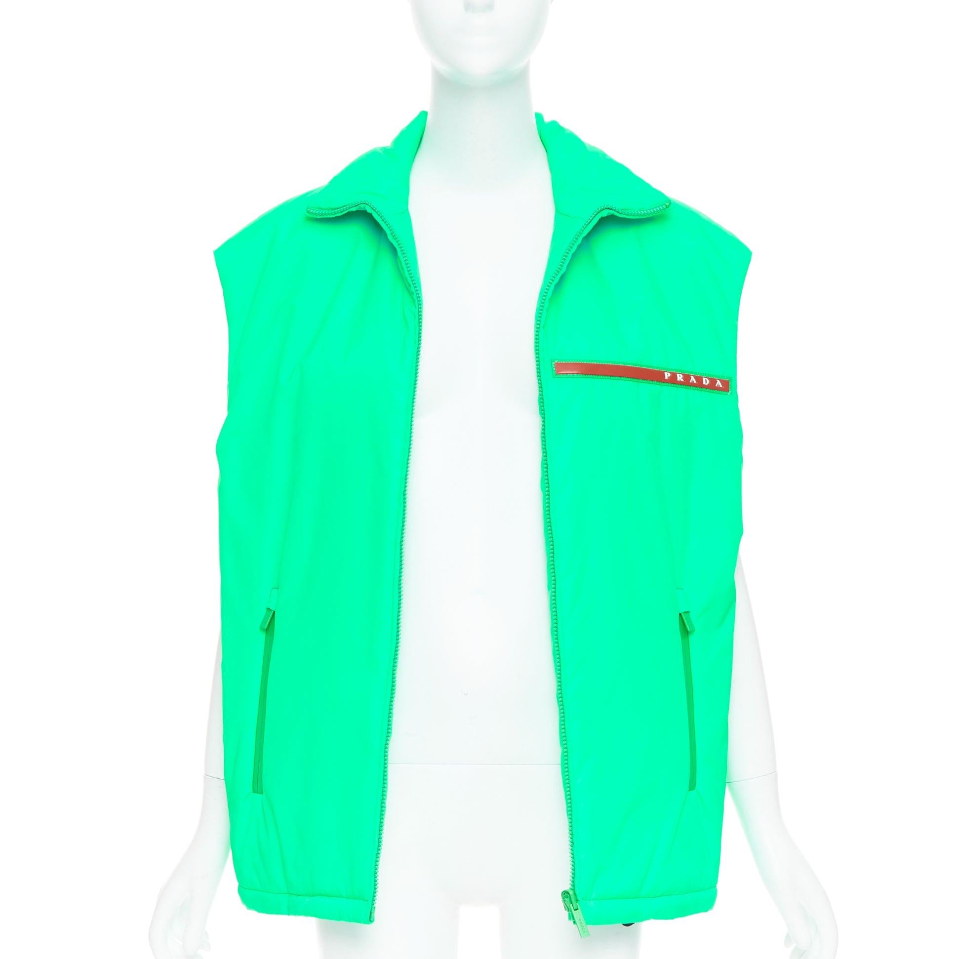 Blue PRADA 2018 Linea Rossa Primaloft neon green nylon red logo puffer vest S For Sale