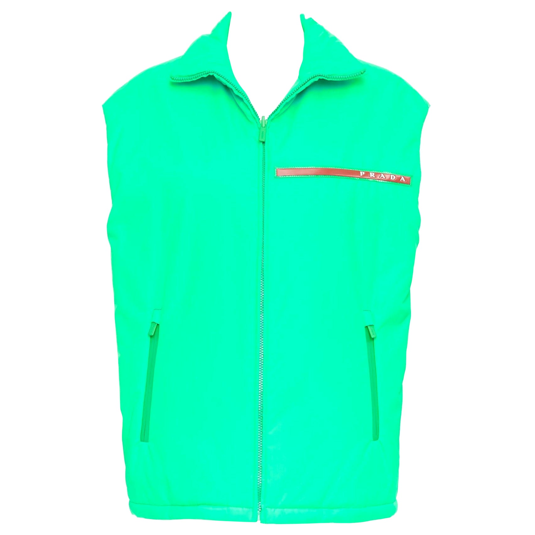 PRADA 2018 Linea Rossa Primaloft neongrün Nylon rot Logo Pufferweste S