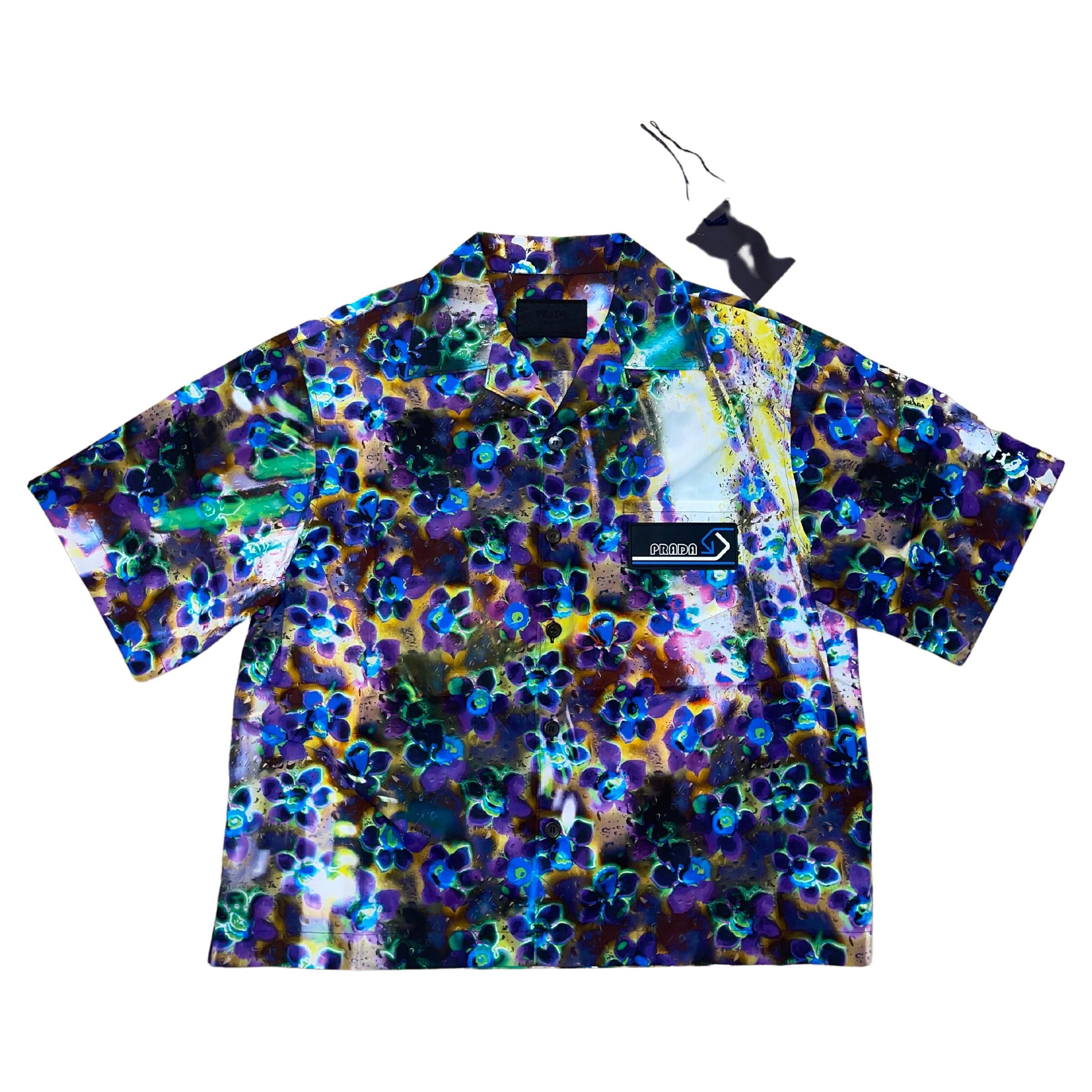 Prada 2018 Liquid Floral Daisy Bowling Button Up Shirt size Large For Sale