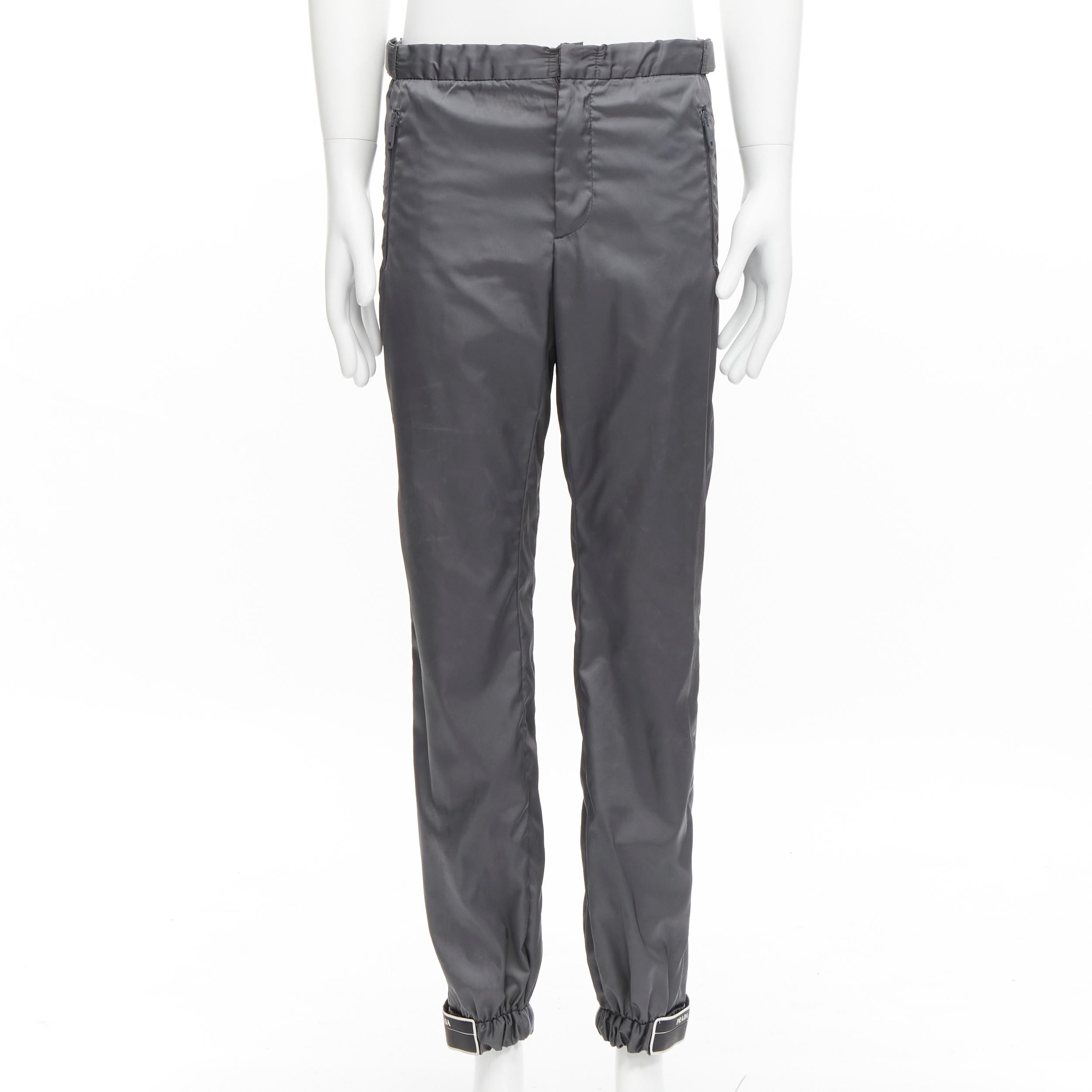 Gray PRADA 2018 logo rubber tab grey gabardine nylon technical jogger pants IT46 S For Sale