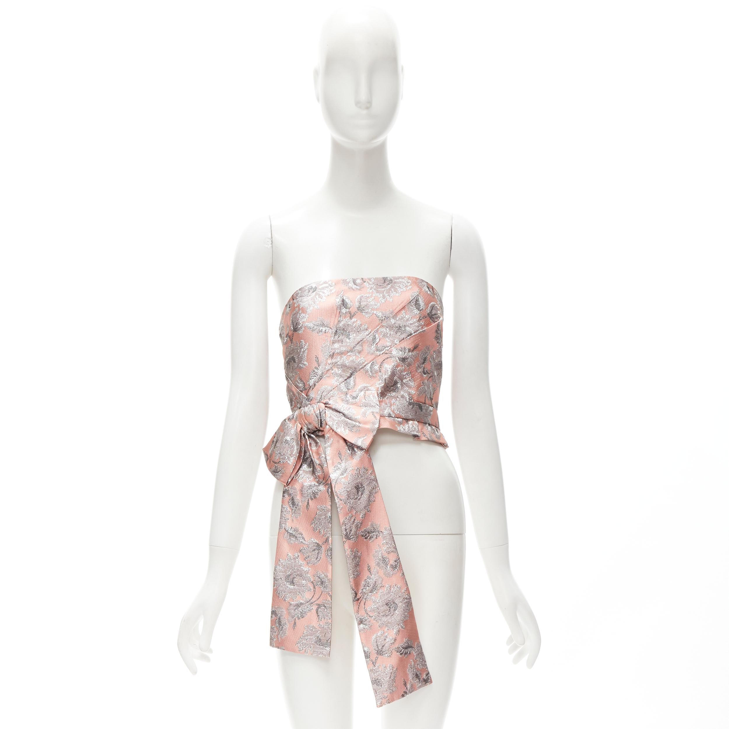 PRADA 2018 metallic pink silver floral brocade bow bustier top S 4