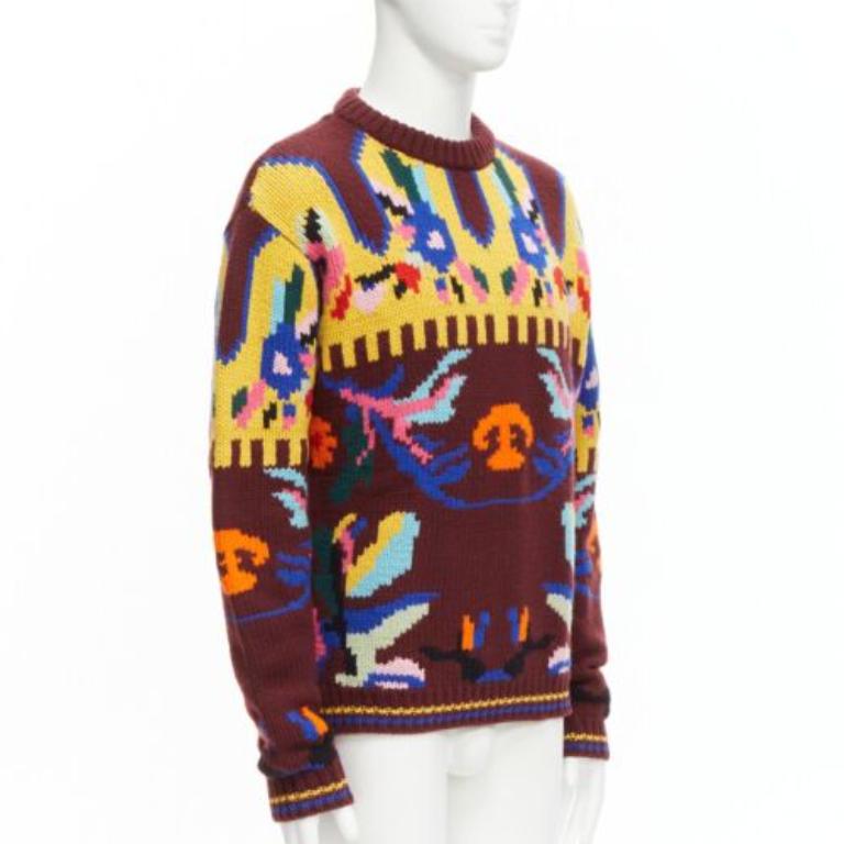 Marron PRADA 2018 pull à col ras-du-cou en laine vierge et cachemire aux motifs multicolores IT48 M en vente