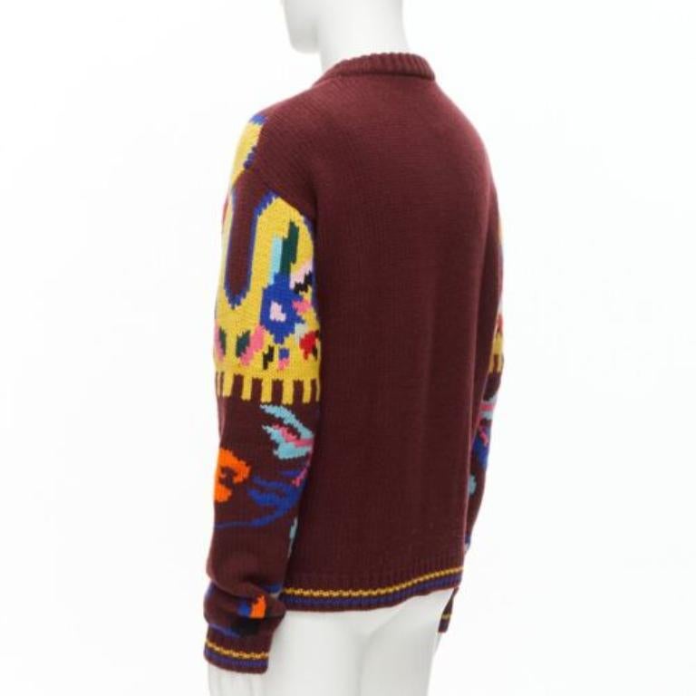 PRADA 2018 pull à col ras-du-cou en laine vierge et cachemire aux motifs multicolores IT48 M en vente 1