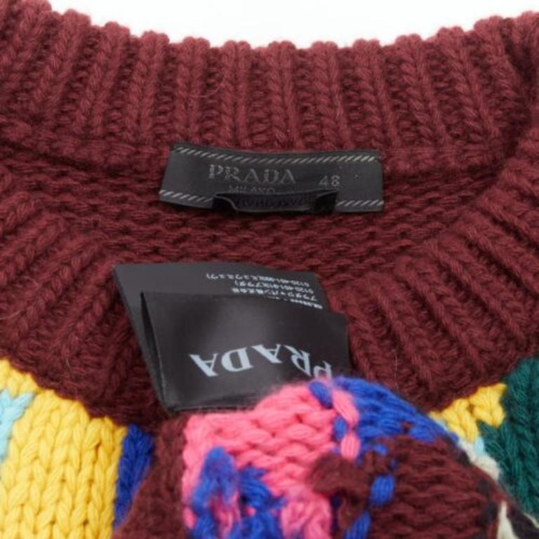 PRADA 2018 pull à col ras-du-cou en laine vierge et cachemire aux motifs multicolores IT48 M en vente 3