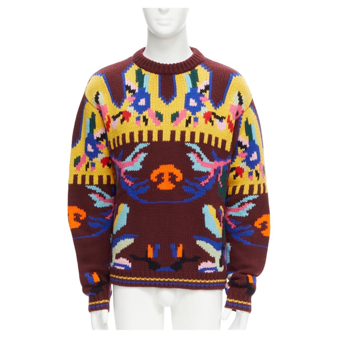 PRADA 2018 multicolour graphic virgin wool cashmere crew neck sweater IT48 M For Sale