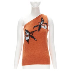 PRADA 2018 orange graphic floral illustration one shoulder knit vest S