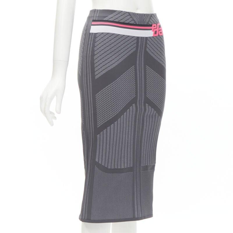 Gray PRADA 2018 pink Racing Logo grey graphic intarsia knit knee length skirt S