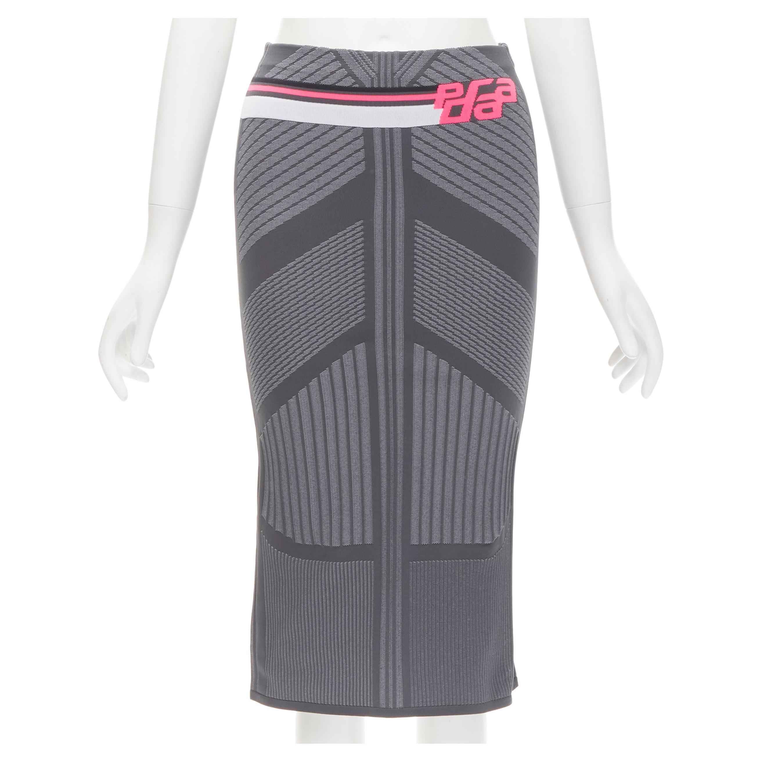 PRADA 2018 pink Racing Logo grey graphic intarsia knit knee length skirt S